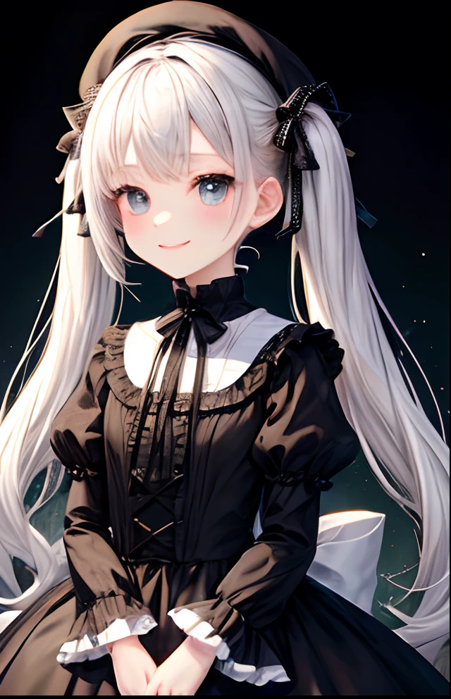 girl with、No background、without background、Background through、White hair、white  hair、Small twin tails on top、Small double knots、half up、White beret、beret、White Beret、bow ribbon、frilld、Gothic lolita、Lolita Fashion、Heavy dresses、blackdress、Black dress、Glitter、kirakira、A smile、kawaii、Chibi Chara、childish、