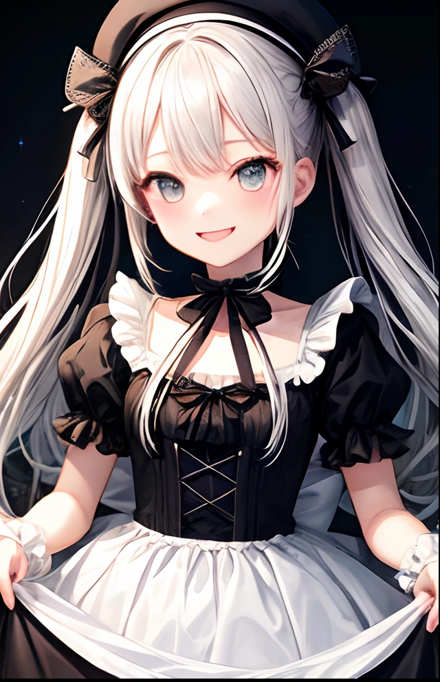 girl with、No background、without background、Background through、White hair、white  hair、Small twin tails on top、Small double knots、half up、White beret、beret、White Beret、bow ribbon、frilld、Gothic lolita、Lolita Fashion、Heavy dresses、blackdress、Black dress、Glitter、kirakira、A smile、kawaii、Chibi Chara、childish、