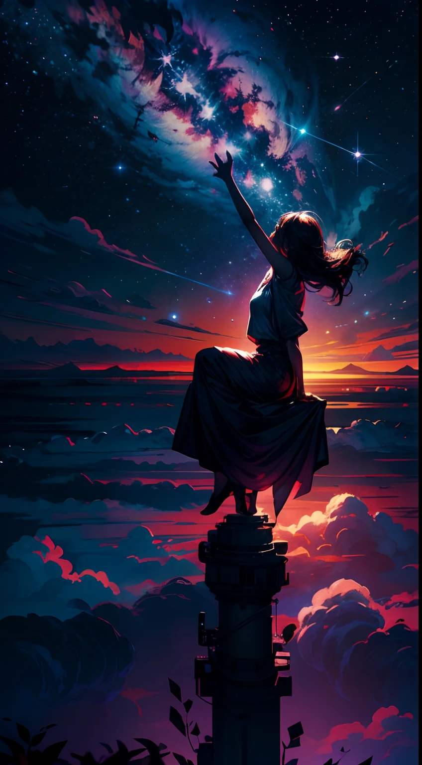 Perched upon a wispy cloud, a young girl gazes in awe at the breathtaking expanse above. The night sky comes alive with a sea of stars, twinkling like diamonds scattered across a velvet canvas. Cosmic phenomenons swirl and dance, painting streaks of vibrant colors across the vastness of space. With her hair gently tousled by the celestial breeze, the girl's silhouette stands as a witness to the beauty of the universe. Serene and filled with wonder, she becomes a part of this cosmic symphony, her presence illuminating the infinite possibilities that lie beyond the clouds.