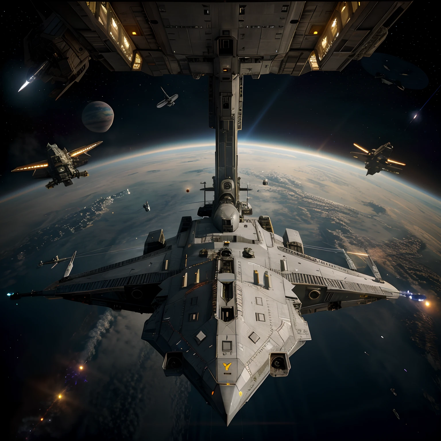spaceships flying over the earth in space with a view of the earth, star citizen digital art, wide shot of a spaceship battle, stardestroyer in the background, spaceships flying above, spaceships flying around, sulaco star destroyer drop ship, spaceships flying in background, sci - fi spaceship in combat, landing in epic space battle, star citizen concept art