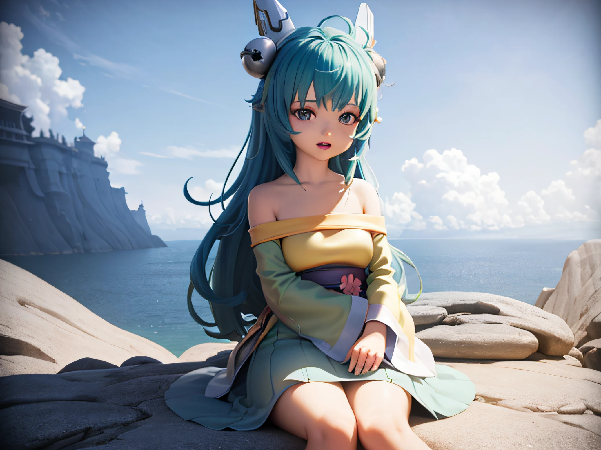 Masterpiece, Best quality,nime character with long hair and flower crown standing in a pile of rocks, render of a cute 3d anime girl, anime styled 3d, makoto shinkai. digital render, artwork in the style of guweiz, makoto shinkai. octane render, 2. 5 d cgi anime fantasy artwork, photorealistic anime girl render, realistic anime 3 d style,