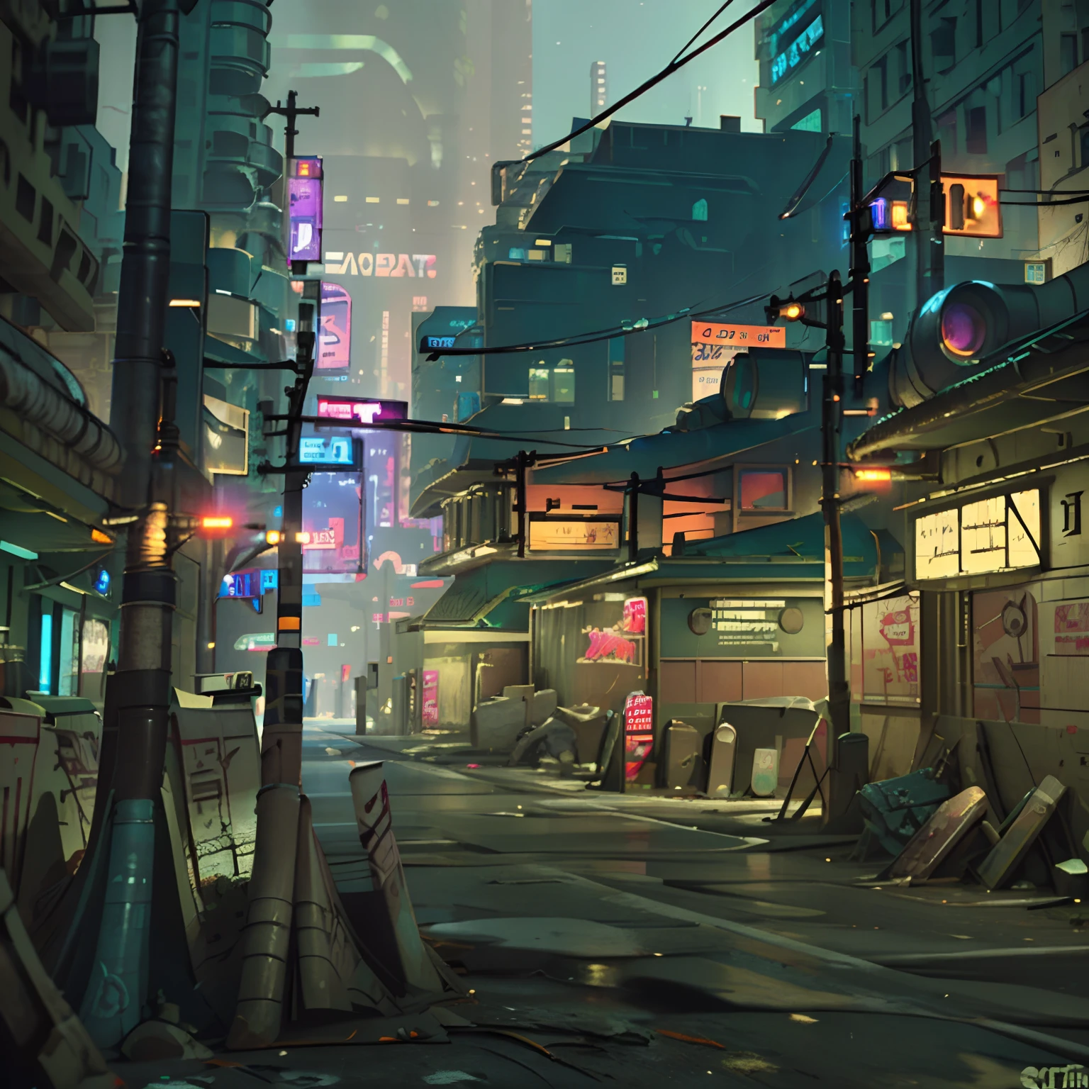 Create post-apocalyptic scenarios, run-down cities, cyberpunk cities from sci-fi movies, empty streets, night, circuit boards, wires, intricate, super detailed, realistic, super realistic, high quality, best, super detailed, crazy detail, very detailed, photorealistic, 8k