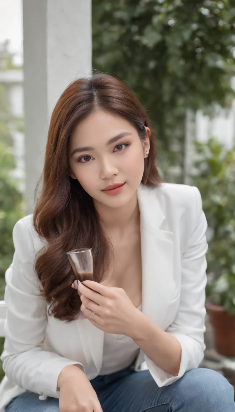 Photoshoot, on a porch, garden construction site, blue shirt, white blazer, blue jeans long pants, zipping a cup of coffee, sitting in the porch, enjoying coffee, 19 year old college girl, cute girl, beautiful girl, indonesian model, white healthy skin, delicate eyes,  double eyelids, earrings, flower tiara, full body photo, realistic hands, realistic fingers, detailed hands, detailed fingers, (sexy body:1.2)