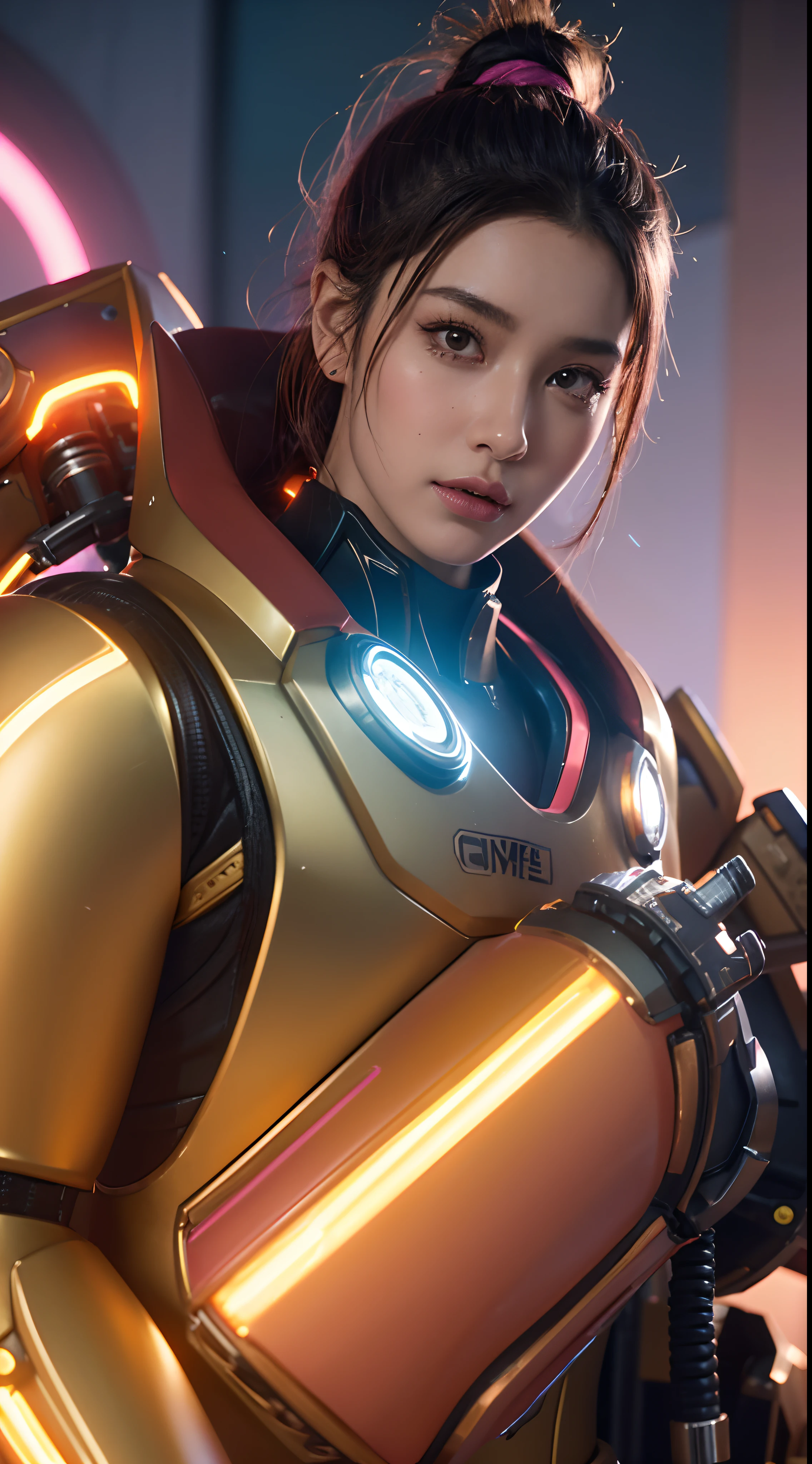 Close-up of robot in pink and gold costume, colorful vivid octane render, cybernetic and highly detailed, loba andrade from apex legends, created in unreal engine 5, made in unreal engine 5, trending on unreal engine 5, anfas portrait of a mech warrior, fantasy style 8 k octane render, rendered in unreal 5, rendered in high octane
