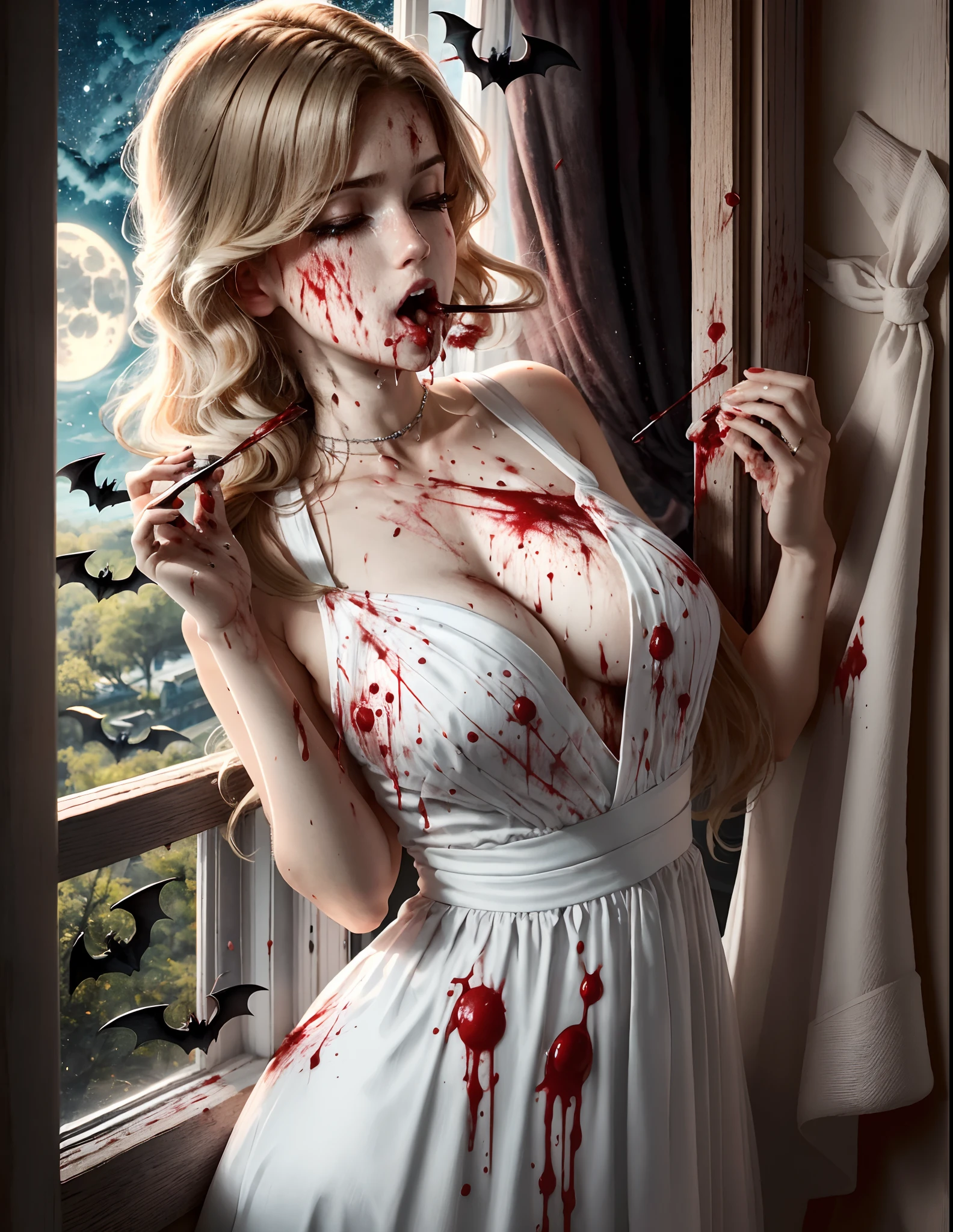 A platinum blonde vampire in a black dress is holding a beautiful brunette girl in a white dress from behind. (((Some blood is dripping from the female vampire's mouth.))) The beautiful girl is in a trance and the female vampire is satisfied. They are in the pretty girl's room with the moonlight coming through the window. Bats are flying out the window. cena noturna, Tiro de lente de 35mm nuas fazendo sexo oral