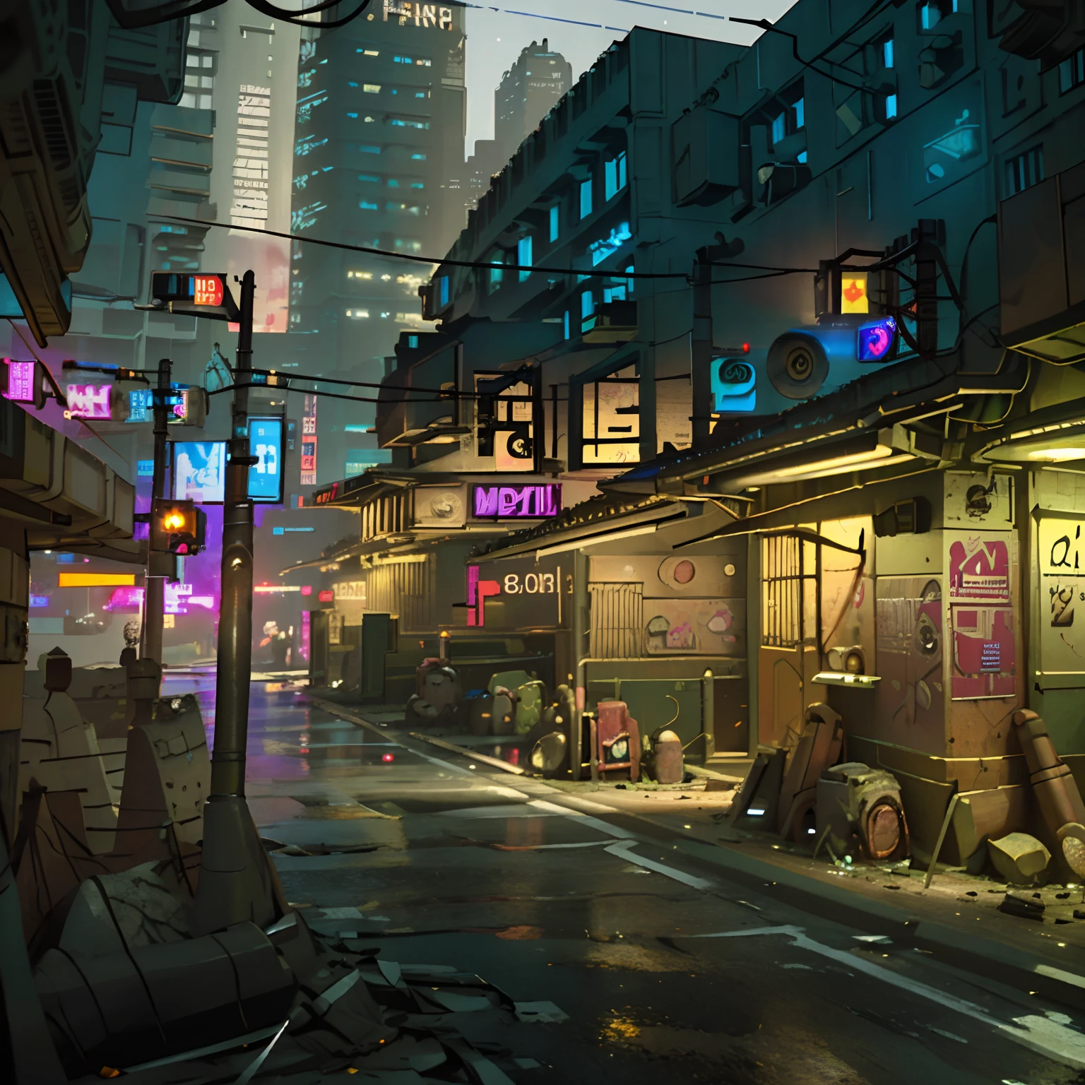 Anime city street scene with neon signs and people walking on the ...