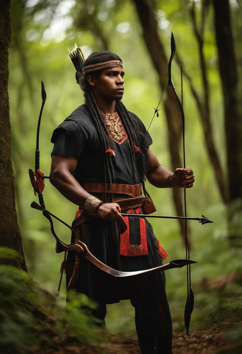 Caboclo Brasileiro, negro, cabelos compridos, With bow and arrows in hand in the middle of the woods