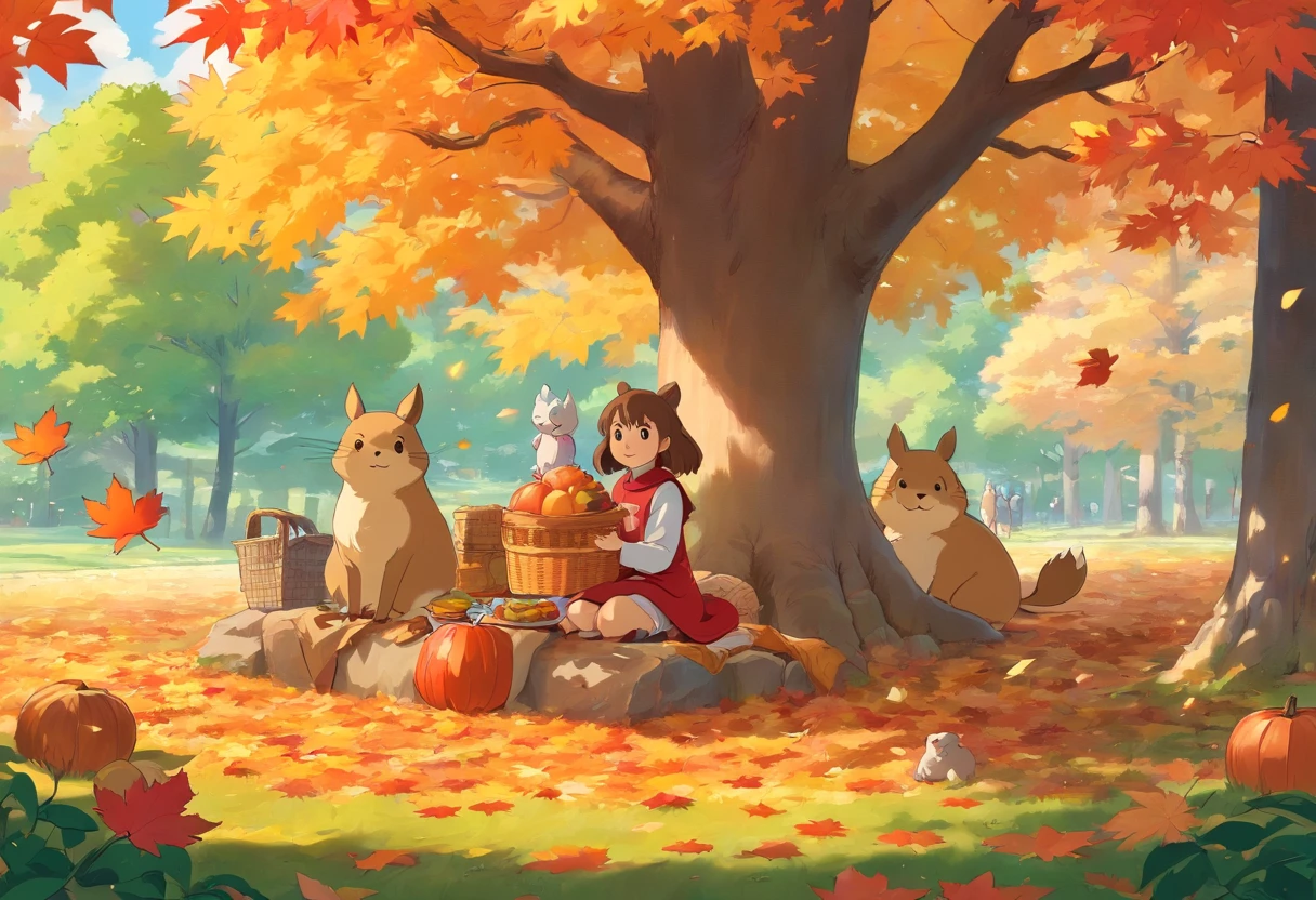 Fall season, maple trees around leafs in the air, cappybara sitting with a bird on top of it, happy, picnic