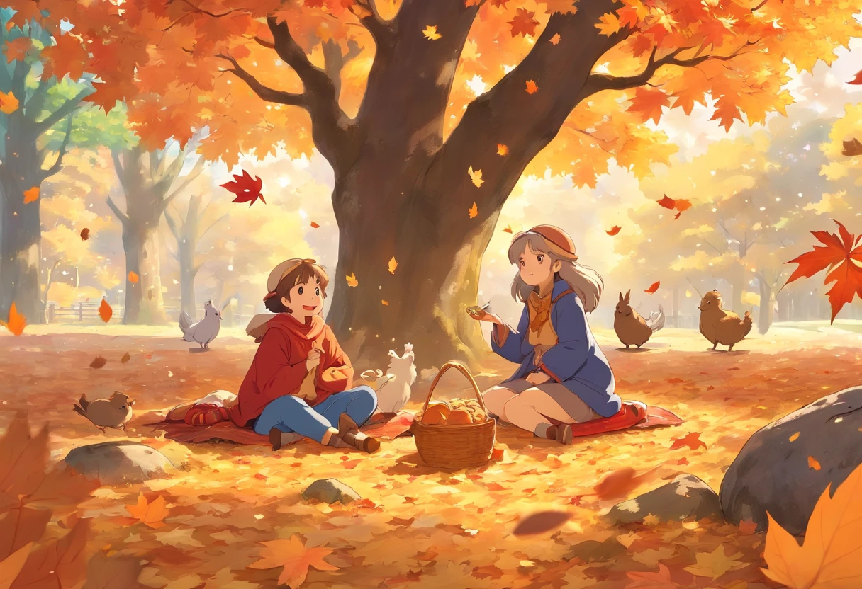 Fall season, maple trees around leafs in the air, cappybara sitting with a bird on top of it, happy, picnic