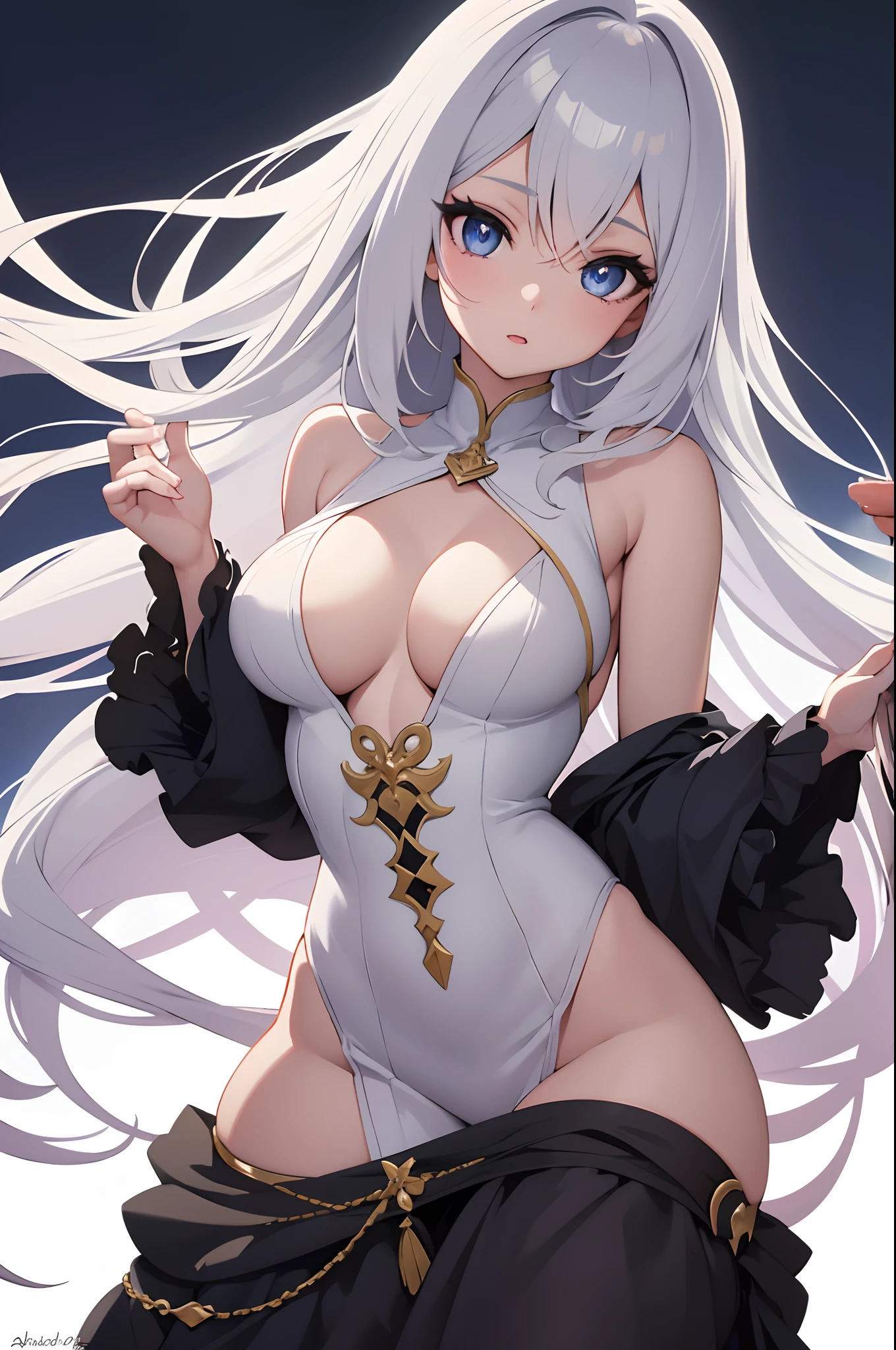 1girl, anime, cute girl, blank background, white background, fantasy, detailed dark fantasy dress with highlights, beautiful face, beautiful eyes, dark colors, medium breasts, slight cleavage, beautiful skin, cute, breast curtains, extremely delicate and beautiful, (beautiful detailed face:1.0), (detailed deep eyes), symmetrical breasts, deep eyes, shiny skin, portrait, slender waist, hips wider than shoulders, thighs, young girl