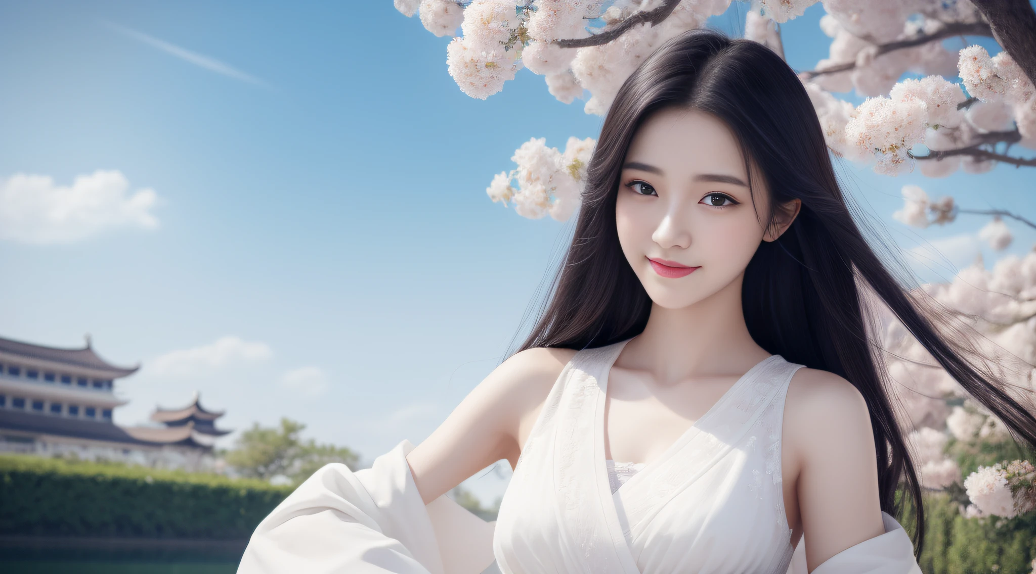 a extremely delicate and beautiful girl, Photorealistic, unbelievable Ridiculous, Abstract art, Show from the hips to the shoulders, catch, Extremely detailed body, woman, Young,20 years old, Very long hair, Floating hair, Black hair, two tone color hair, Beautiful detailed hair, Delicate beautiful face, Light smile, Clear eyes, separate_Lips, Black eyes, Hanfu, White clothes, Floating palace, beautiful and clear background, Beautiful sky, full bloom, very precise detail, absurderes, extremely CG,