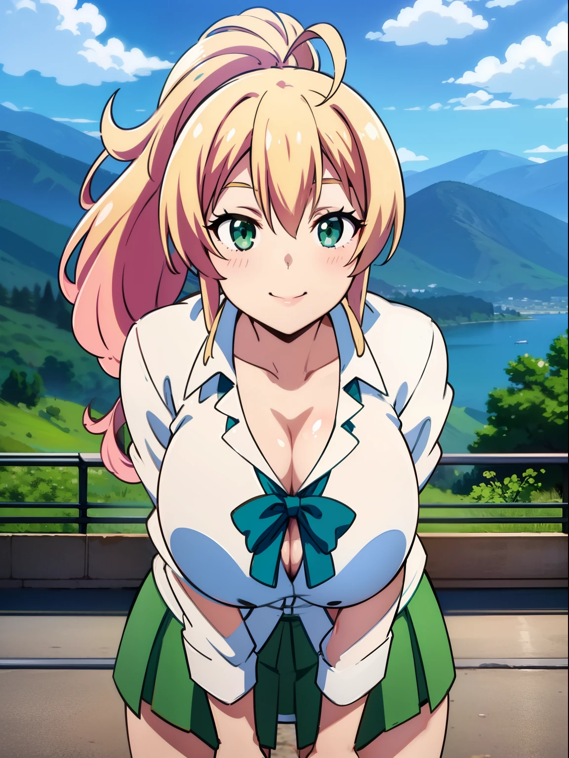 Blonde, ponytail hair, lipstick, green eyes, (huge tits), school uniform, girl, (solo), smile, green skirt, white shirt, bowtie, smile, standing, mountain, lake, outdoor, cleavage, sakura flower view from bottom, close up