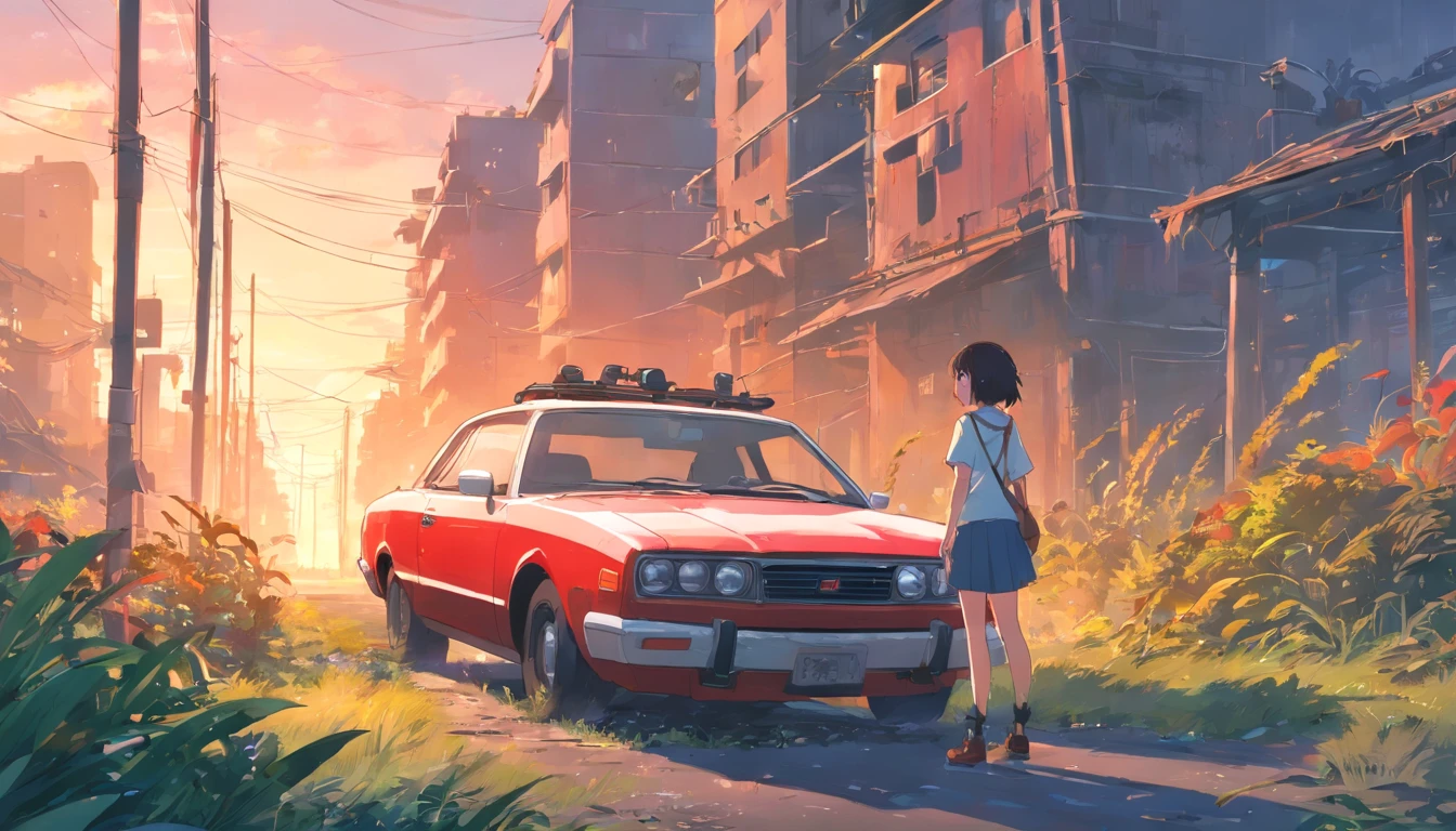 Post-apocalyptic wars, Shades of white, Nero, Red and rust color, survivor, vegetation, shadowing, Gloomy atmosphere, darkly, ((natta)), book cover,The girl was next to the car