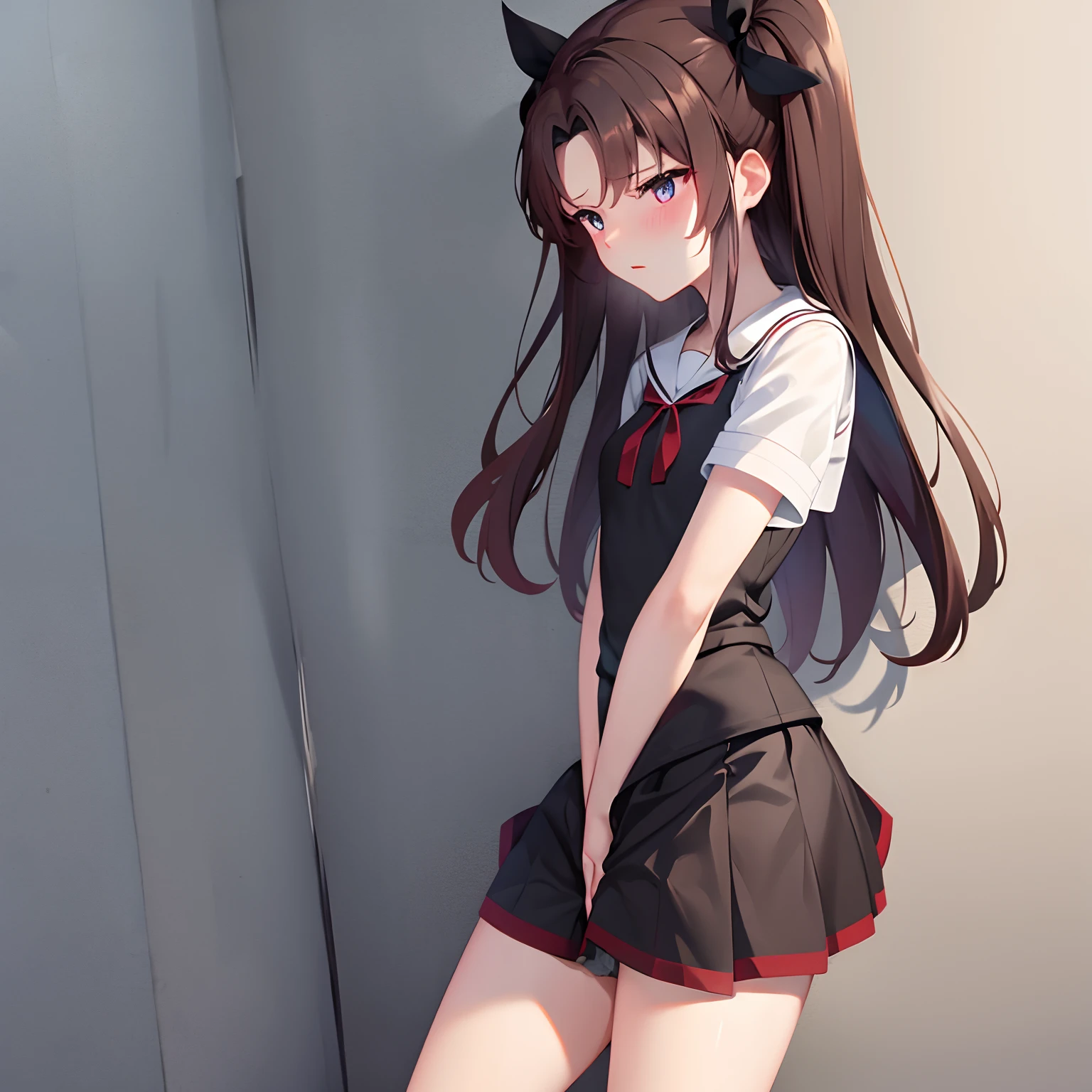 Tohsaka rin, sailor outfit, spandex shorts visible under skirt, short skirt, embarrassed, peeing self, blushing