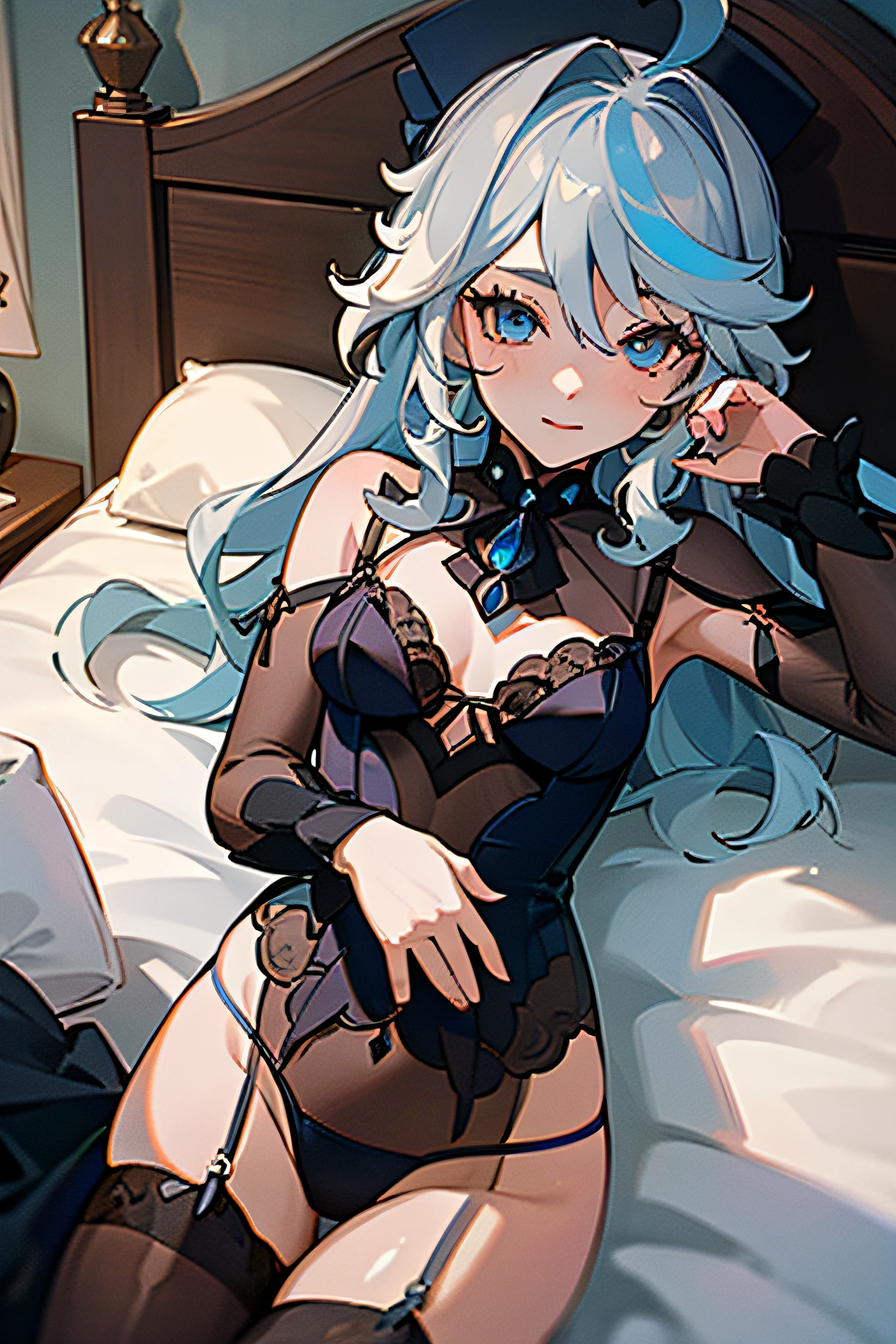 1.5, best quality, high quality, High definition, High quality texture, high detail, beautiful detailed, finely detailed, extremely detailed cg, detailed texture, 1girl, woman, female, ((furina)), genshin impact, laying in bed, ((lingerie)), long hair