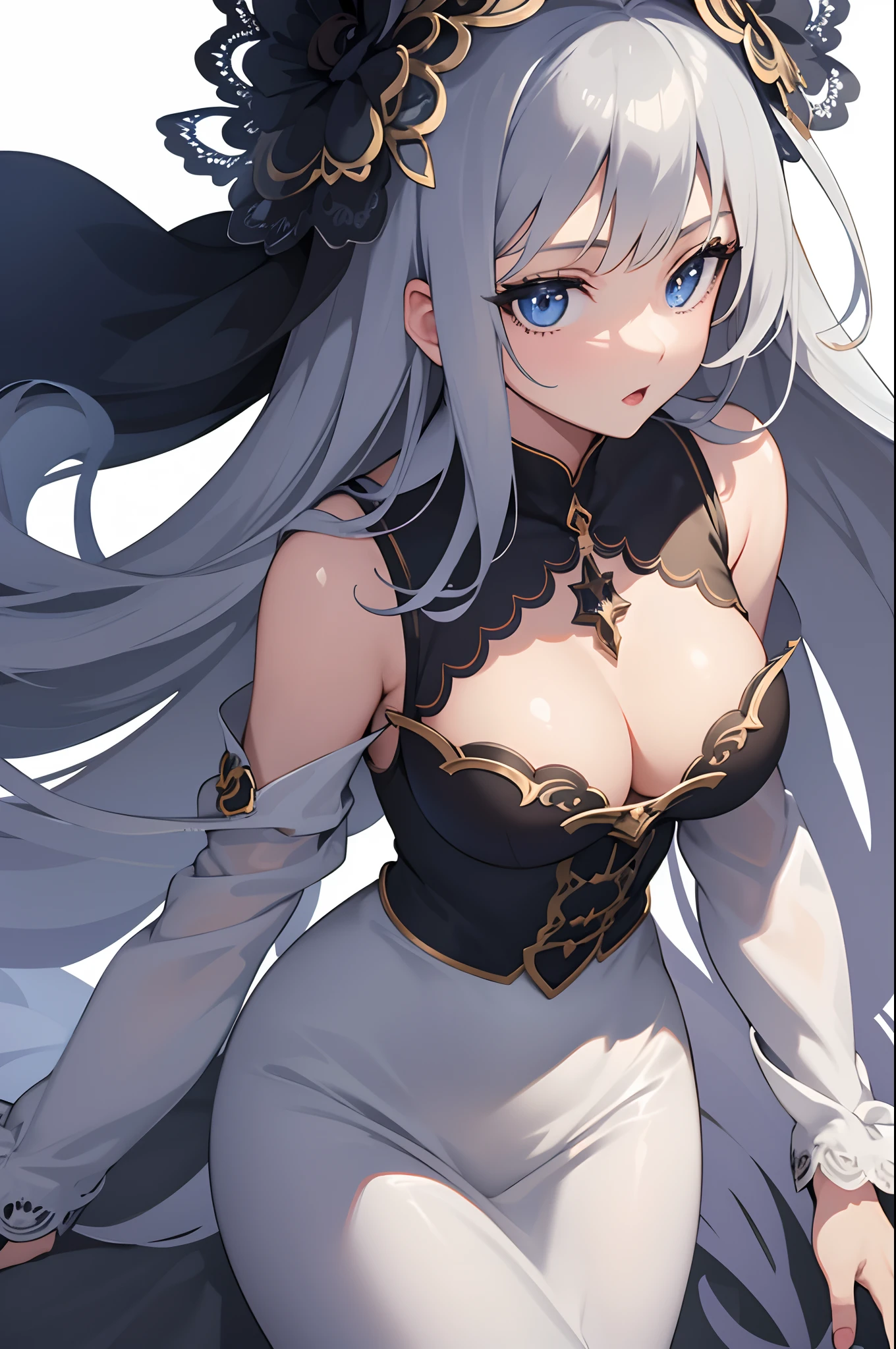 1girl, anime, cute girl, blank background, white background, fantasy, detailed dark fantasy dress with highlights, beautiful face, beautiful eyes, dark colors, medium breasts, slight cleavage, beautiful skin, cute, breast curtains, extremely delicate and beautiful, (beautiful detailed face:1.0), (detailed deep eyes), symmetrical breasts, deep eyes, shiny skin, portrait, slender waist, hips wider than shoulders, thighs, young girl