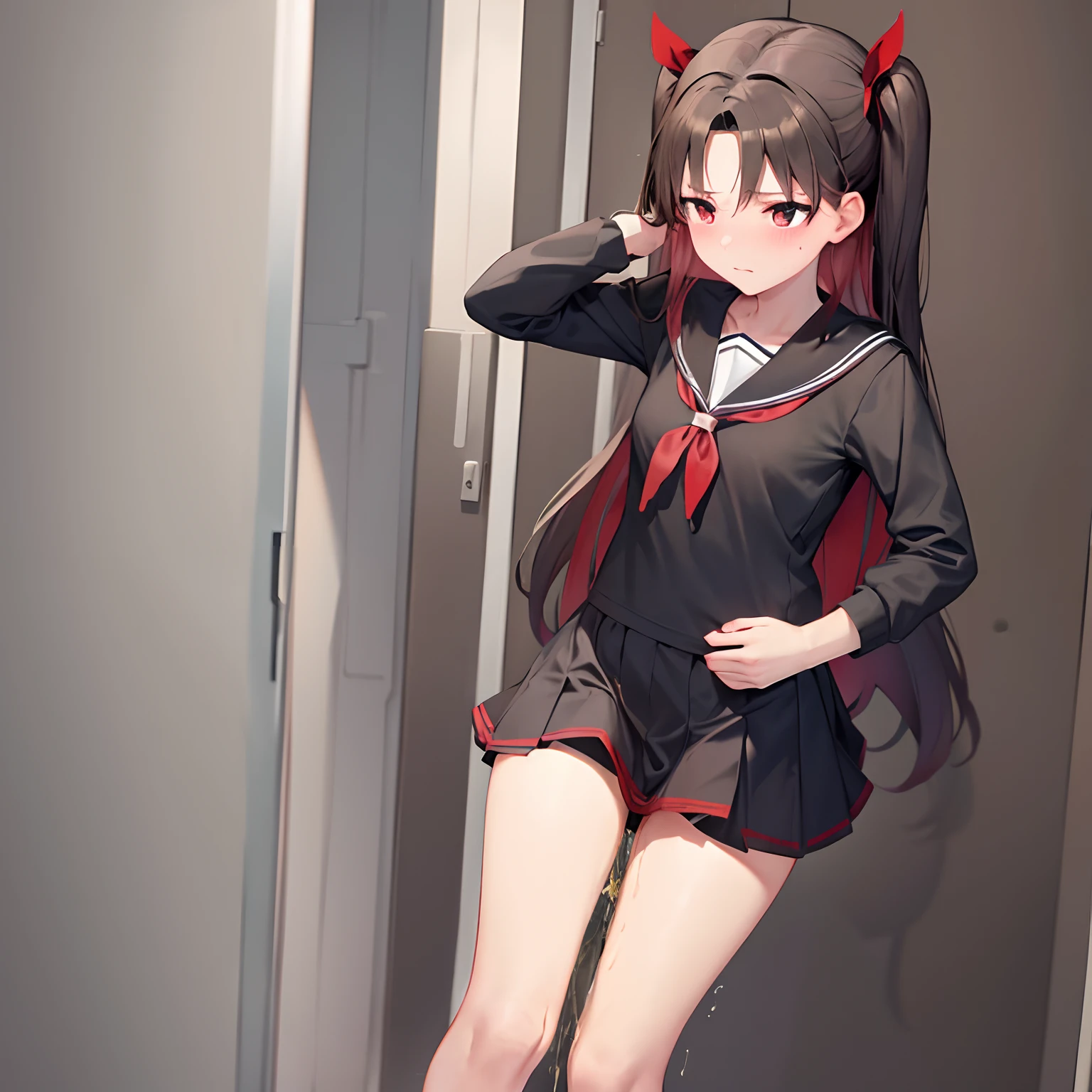 Tohsaka rin, sailor outfit, spandex shorts visible under skirt, short skirt, embarrassed, peeing self, blushing