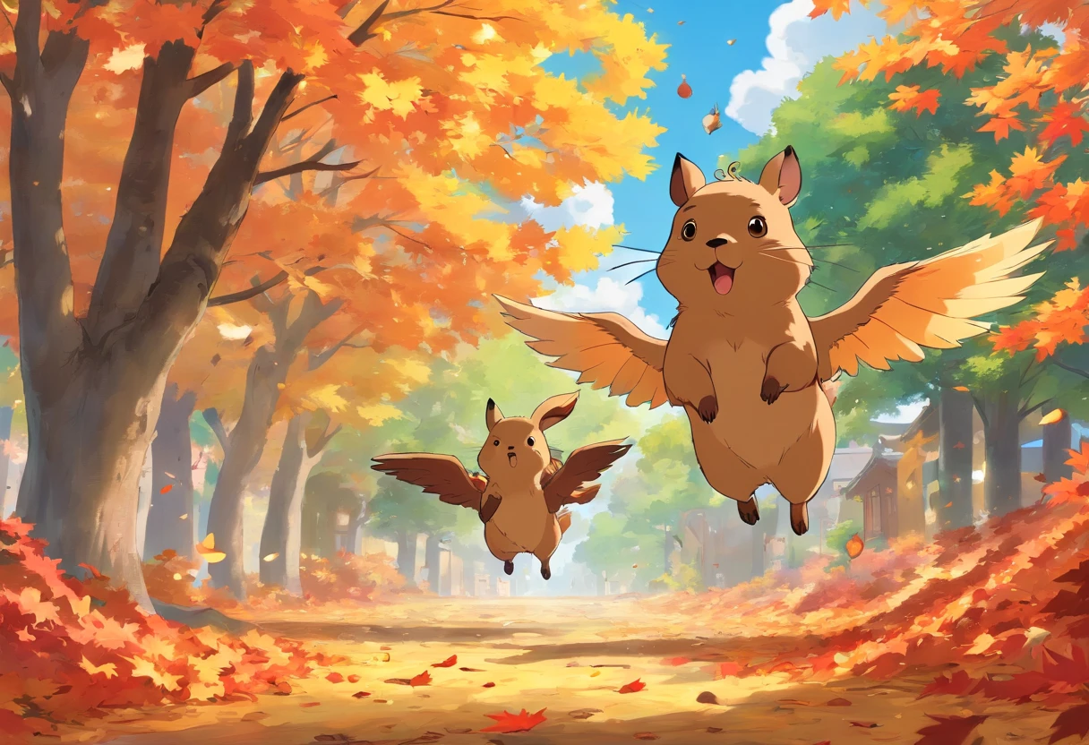 Fall season, maple trees around leafs in the air, cappybara, bird flying around, NO HUMANS. Just cappybara and bird