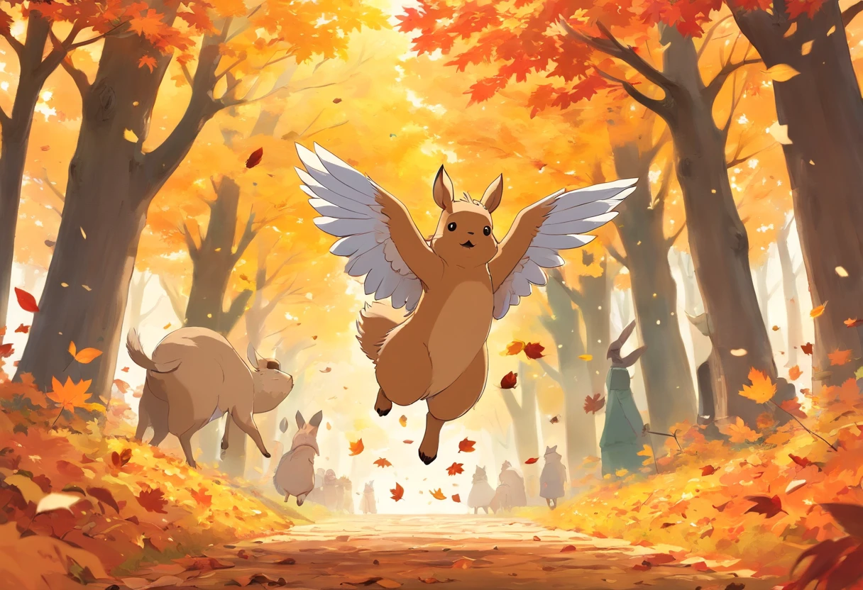 Fall season, maple trees around leafs in the air, cappybara, bird flying around, NO HUMANS. Just cappybara and bird