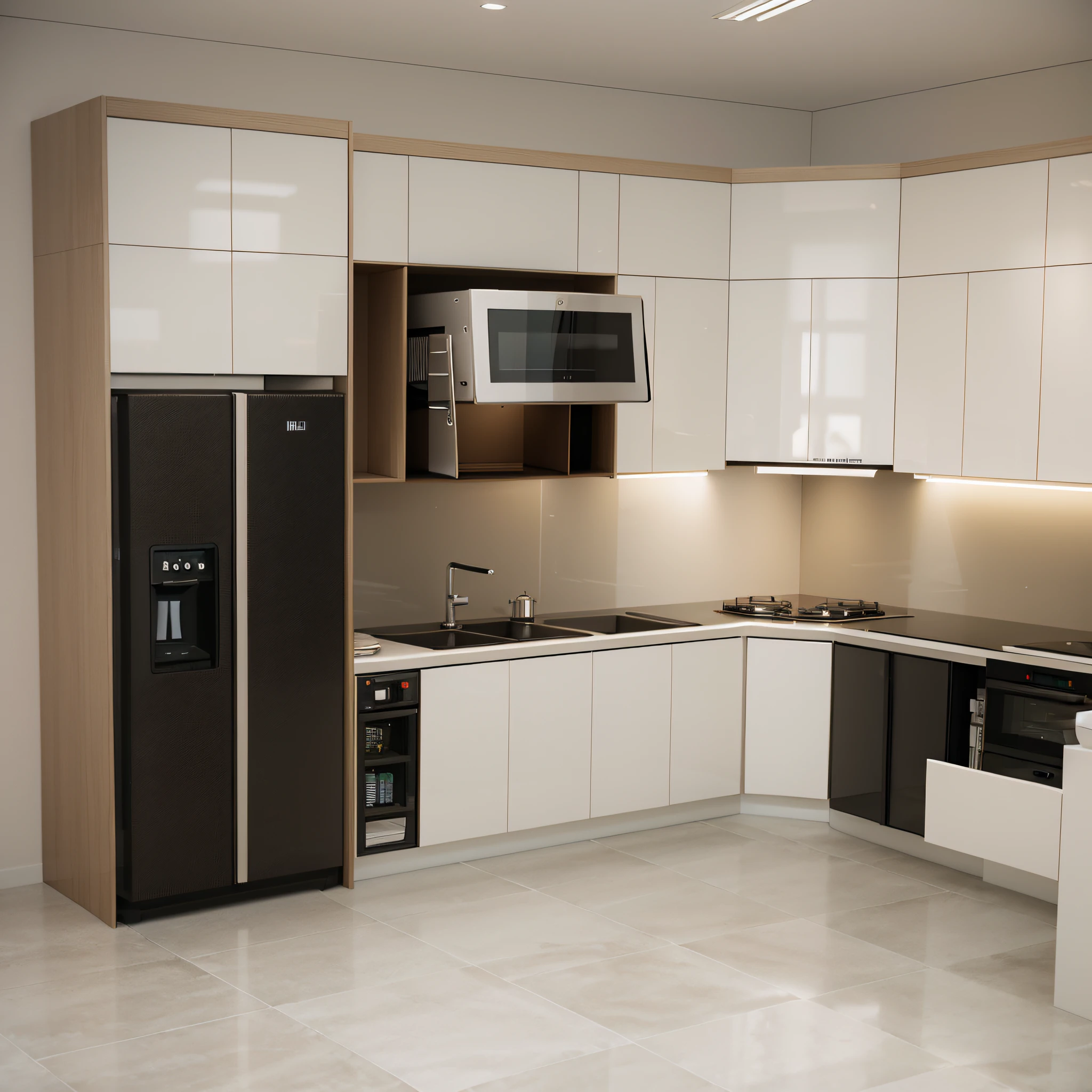 morden kitchen  design,Super sharp like photos taken with a professional camera, (Masterpiece,best quality,8k uhd,dslr,soft lighting,high quality,hyper detail,film grain,Fujifilm XT3, UE 5 render 8k, super high resolution, supper detail:1.2), color block wall decor, Cream color block wall decor, glossy floor, (((volumetric light))), dark tone, glossy floor