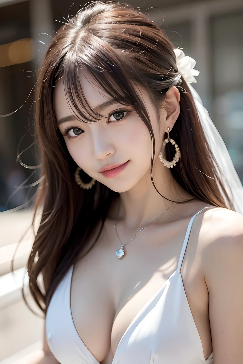 Random posture、(extremely delicate and beautiful work)、(masterpiece)、One girl、Highly detailed and elegant((Wedding Dresses))、tiarra、A highly detailed、Warped ponytail、A smile、Beautiful and clear eyes、Green pupil、delicate necklaces、Delicate earrings、Simple blurry background、Description of extreme details、Beautiful fece、A charming、delicated face、Delicate figure、Beautiful breasts、thin clavicle、Beautiful lips、mix4、(8K、Raw photography、top-quality、masterpiece:1.2),1girl in,Cute,Cityscape, , Wetty, Professional Lighting, physically-based renderingt, full body Esbian、the most beautiful in the world、乃木坂アイドル、韓国アイドル、hposing Gravure Idol、女優、