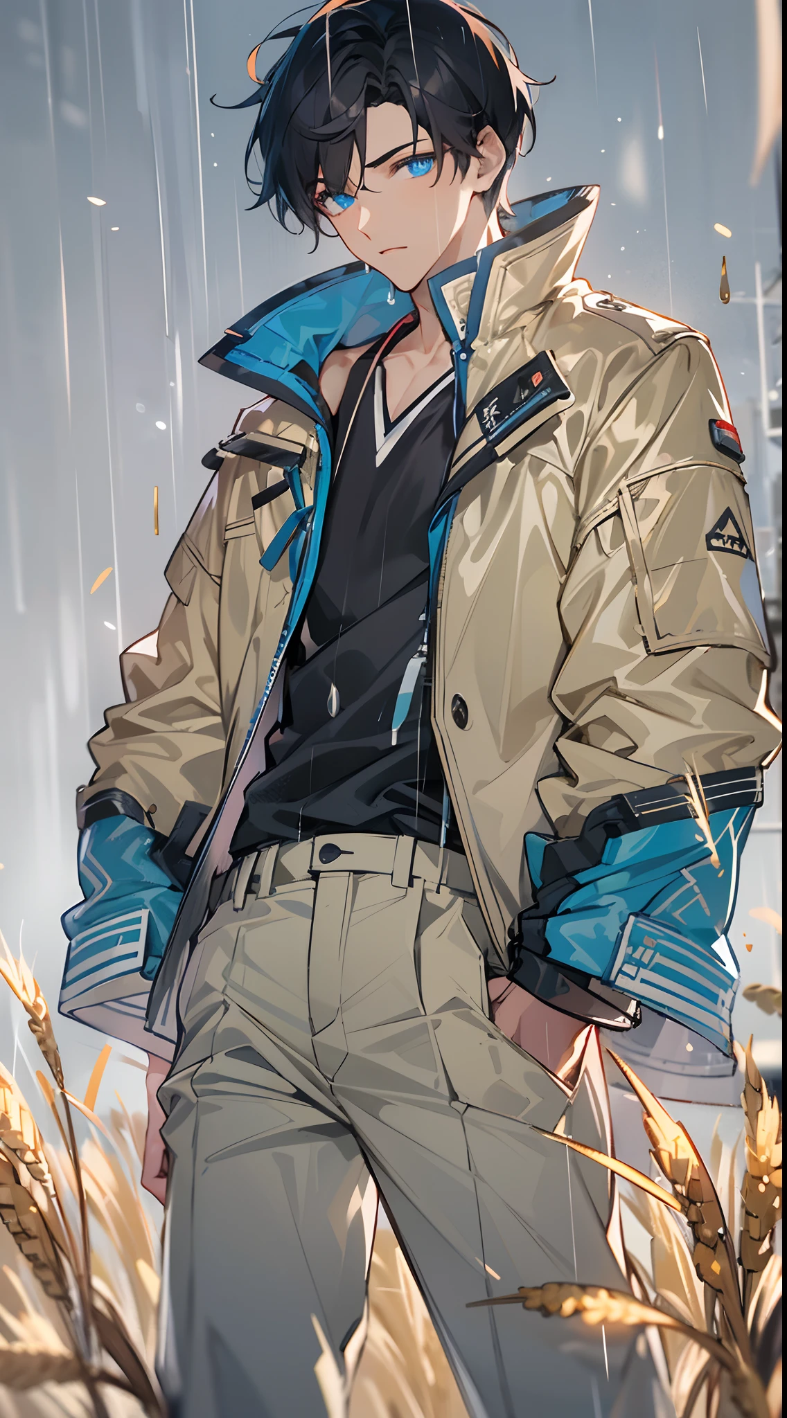 tmasterpiece,Need,超高分辨率,shoun,(with short black hair),Handsome man,Wheat-colored,Physical Education Student,Walk in the rain,glomy,Glowing blue eyes