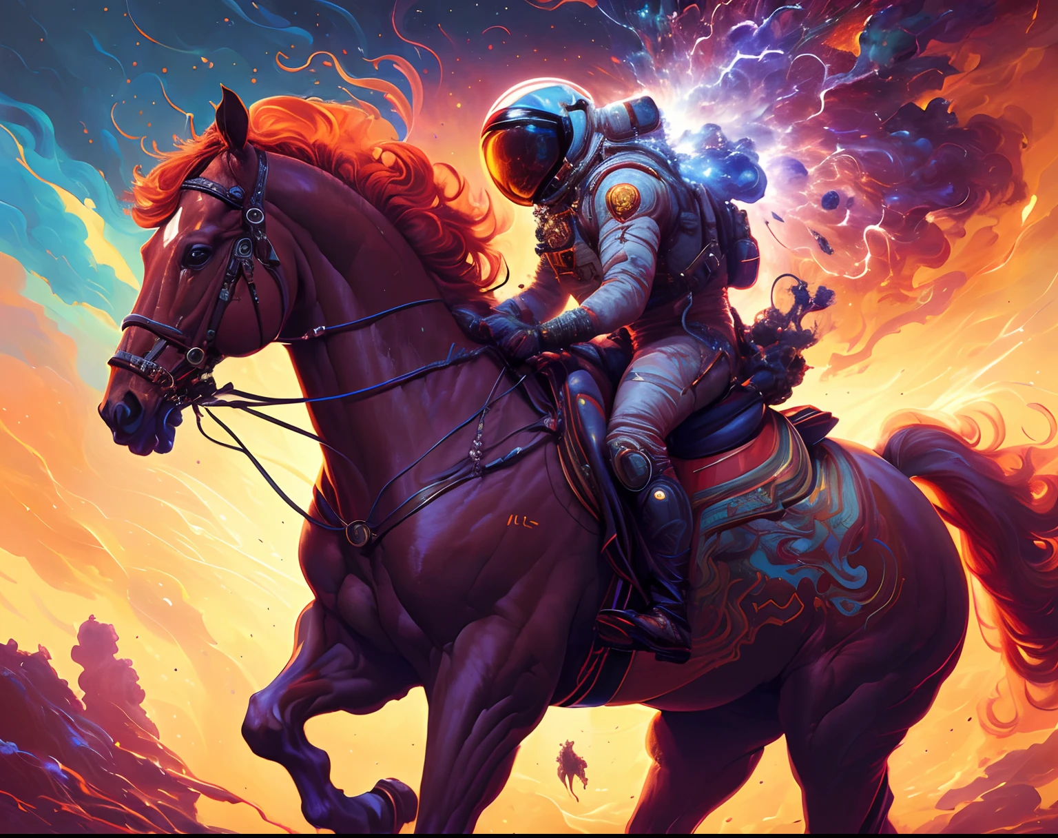 Highly (dynamic:1.2) scene art detailed (Apterus:1.2) cosmonaut on a horse, (fantastic amazing decoration:1.2), abstract beauty, explosive volumetric, Delightful anatomy, (fantastic horror perfect art, 64k ultra hd:1.1), (art by apterus, art by dan mumford:1.2)