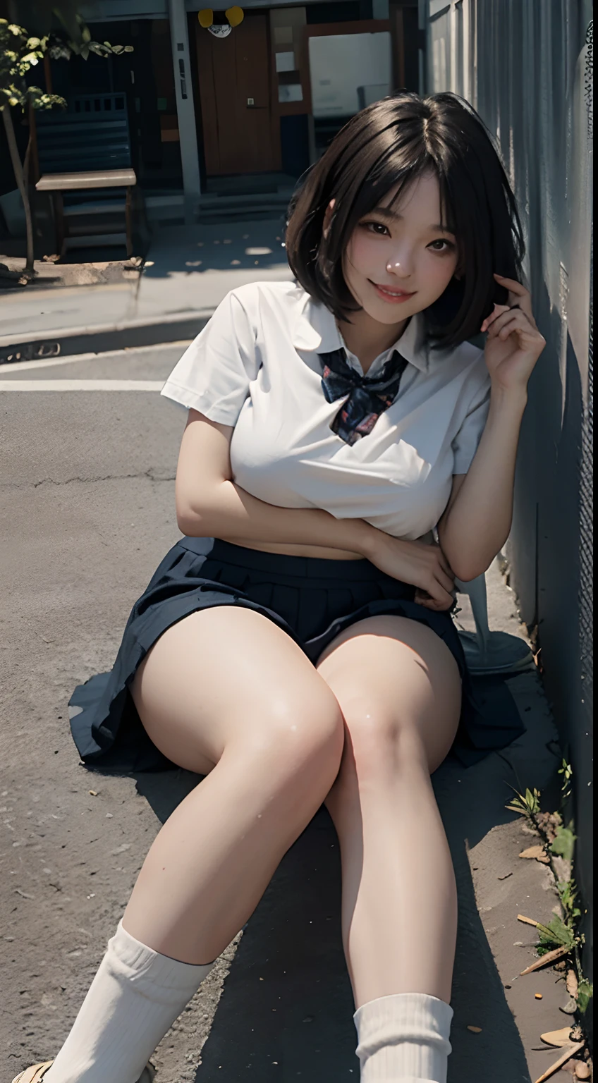 A beautiful Japanese girl with short hair and a  looks at you with a serious expression。She is half naked and sleeveless in a blue sailor suit, revealing her large breasts..。Huge areola and nipples are dark brown。The blue pleated skirt is short、She is half naked and her legs are spread wide., Revealing plump thighs and white panties.。Loose socks and black loafers。City street background。