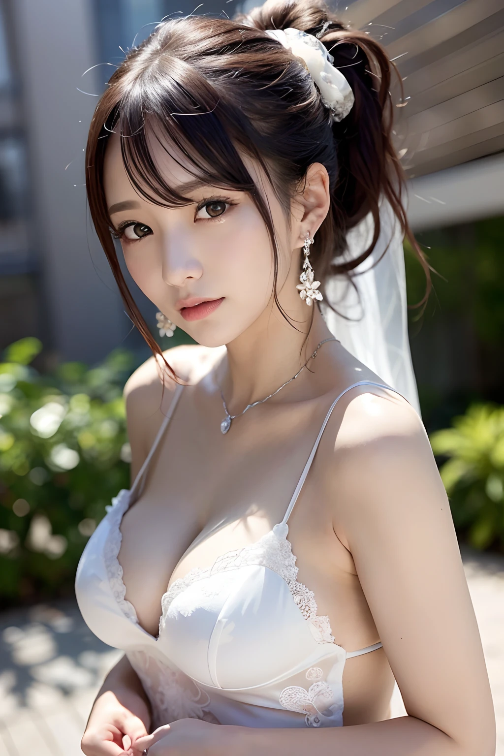 Random posture、(extremely delicate and beautiful work)、(masterpiece)、One girl、Highly detailed and elegant((Wedding Dresses))、tiarra、A highly detailed、Warped ponytail、A smile、Beautiful and clear eyes、Green pupil、delicate necklaces、Delicate earrings、Simple blurry background、Description of extreme details、Beautiful fece、A charming、delicated face、Delicate figure、Beautiful breasts、thin clavicle、Beautiful lips、mix4、(8K、Raw photography、top-quality、masterpiece:1.2),1girl in,Cute,Cityscape, , Wetty, Professional Lighting, physically-based renderingt, full body Esbian、the most beautiful in the world、乃木坂アイドル、韓国アイドル、hposing Gravure Idol、女優、
