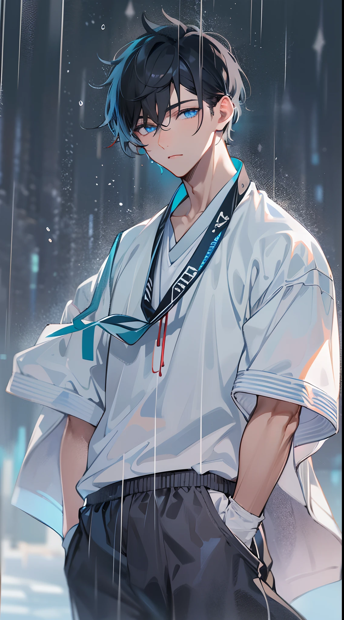 tmasterpiece，Need，超高分辨率，shoun，(with short black hair)，Handsome man，Physical Education Student，Walk in the rain，glomy，Glowing blue eyes