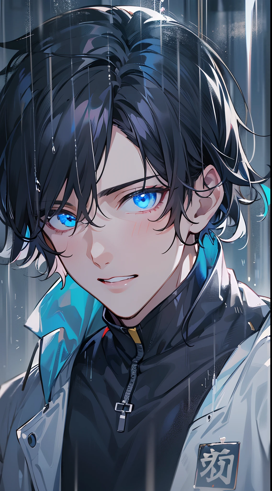 tmasterpiece,Need,超高分辨率,shoun,(with short black hair),Handsome man,Physical Education Student,Walk in the rain,glomy,Glowing blue eyes