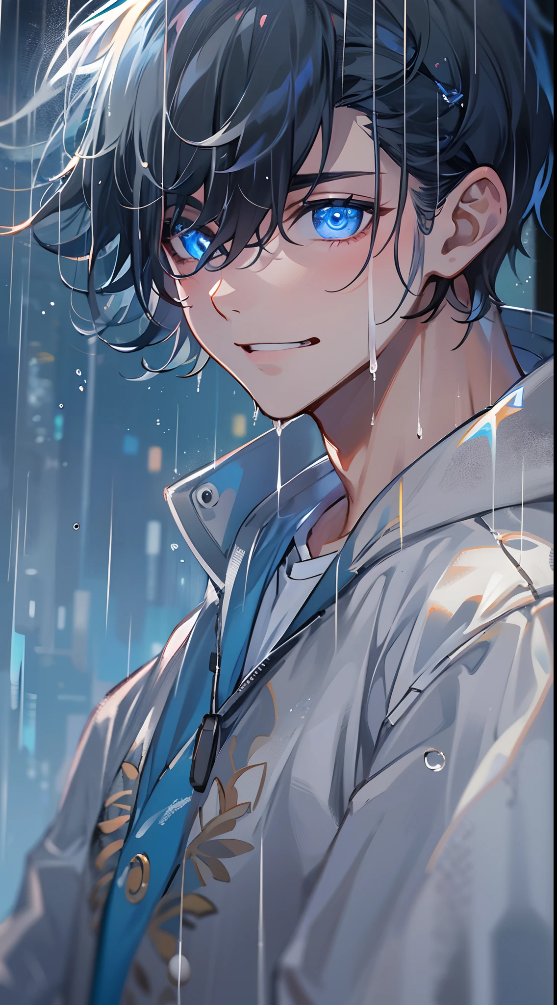 tmasterpiece,Need,超高分辨率,shoun,(with short black hair),Handsome man,Physical Education Student,Walk in the rain,glomy,Glowing blue eyes