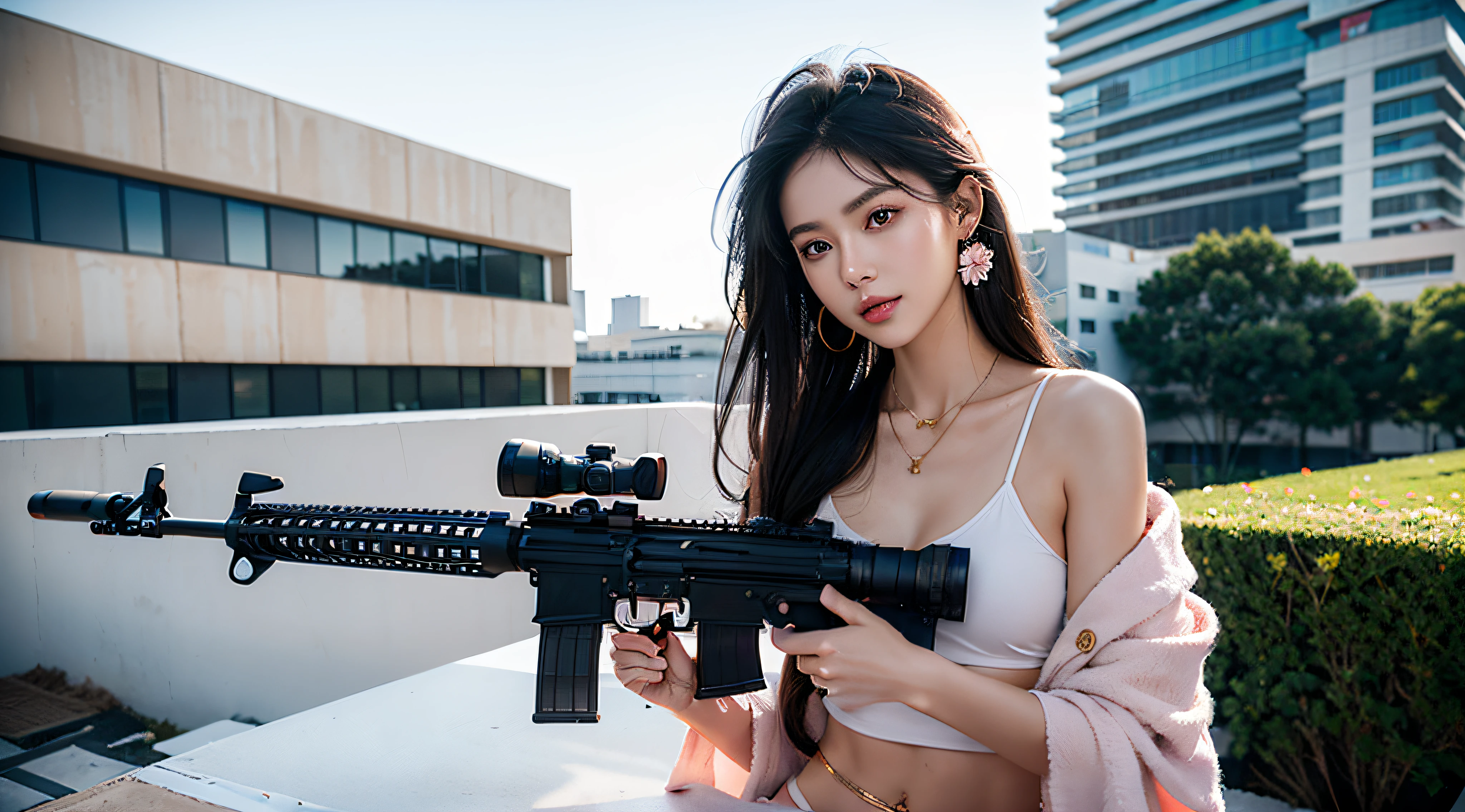 Smiling female sniper,Ambush the roof of the building,Battle background(Roof),Equipped with M16 assault rifle,Hyper-detail photography,Mattire,Golden ratio,Chinese woman、Youthful、Light pink floral underwear、White purple floral lace panties、exposing your navel、long whitr hair、Tall guy、Black hair color、full bodyesbian、photorealestic、the skin is wet,Full breasts,Big chest、largeeyes、perfect anatomia,Rose tattoo,Soldier girl black hair sniper rifle handle, Holding an assault rifle, M16, Inside the city, Very detailed, Perfect face, Black eyes, Lips, Wide hips, Small waist, Tall, Makeup,Wear flower earrings,Bullet necklace,32K Ultra HD,High fineness,highest quality