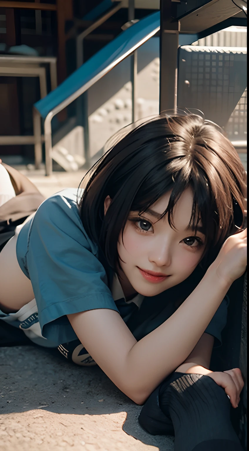 (Masterpiece),(Intricate details),1girll,Mature female,Bob cut,,Pale skin,Large breasts:1.49, Brown eyes,Smile and break school uniform,ribborn,pleats skirt,Thigh thick:0.5, plump:0.5,((baggy socks,Converse)), ((lying on the anywhere)),((Upper body,Portrait)),From below:1.2,Depth of field,view the viewer