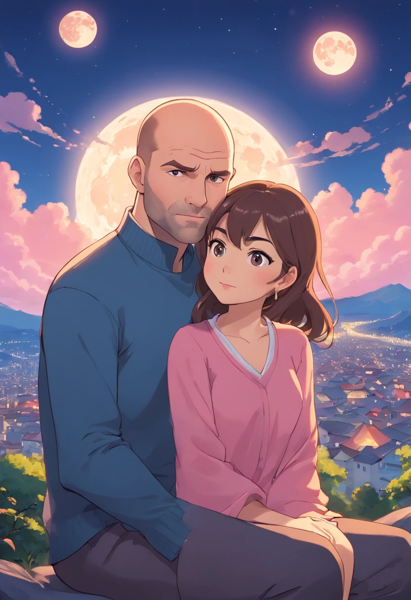 a bald man, 34 years old, looking like Jason Statham and woman, 28 years old, looking like Sofia Vergara, in cartoon tone sitting on top of the hill in front of a full moon, pink heart-shaped craters in the blue moon, painting adorable digital, cute detailed digital art, digital anime illustration, cute digital art, Cyril Rolando and Goro Fujita, Lois van Baarle and Rossdraw, cute art style