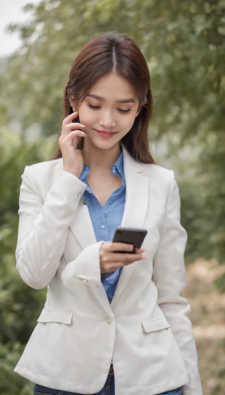 Reality drama scene shoot, a well in the garden, blue shirt, white blazer, ((midriff exposed)), blue jeans long pants, smiling while checking messages in her cellphone, 19 year old college girl, cute girl, beautiful girl, indonesian model, white healthy skin, delicate eyes, double eyelids, earrings, full body photo, realistic hands, realistic fingers, detailed hands, detailed fingers, (sexy body:1.2)