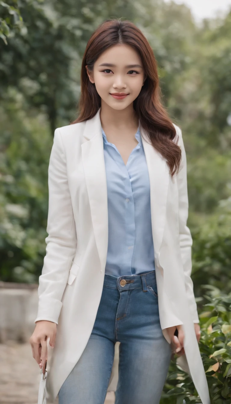 Reality drama scene shoot, a well in the garden, blue shirt, white blazer, ((midriff exposed)), blue jeans long pants, smiling while checking messages in her cellphone, 19 year old college girl, cute girl, beautiful girl, indonesian model, white healthy skin, delicate eyes, double eyelids, earrings, full body photo, realistic hands, realistic fingers, detailed hands, detailed fingers, (sexy body:1.2)