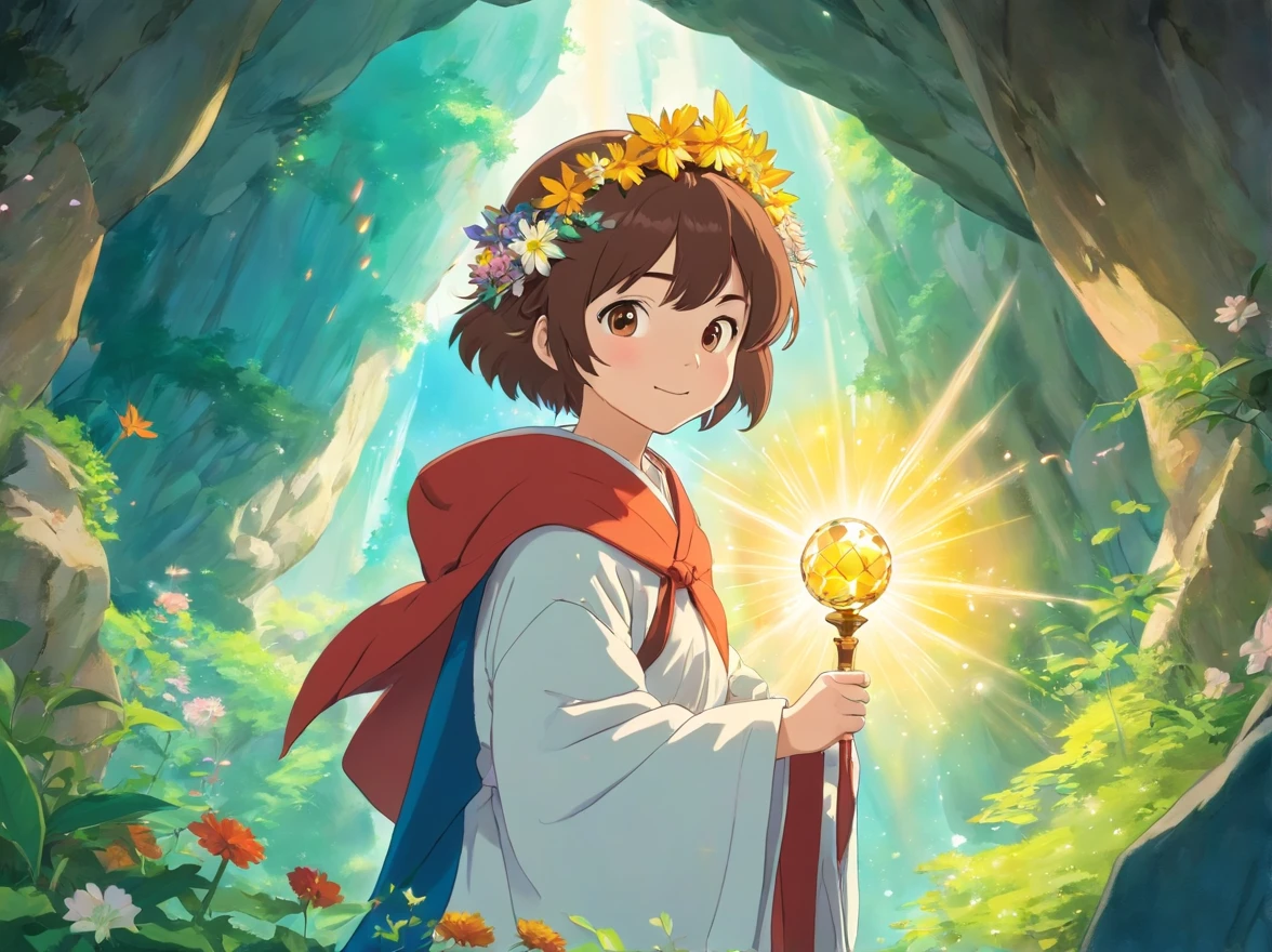 Deep in the cave,There was one dressed in a beautiful robe,Wearing a flower crown on his head,With a smile on his face。A fairy with this magic wand in her hand。Beside her is a jewel shining with light,The whole scene seems dreamy and magical。