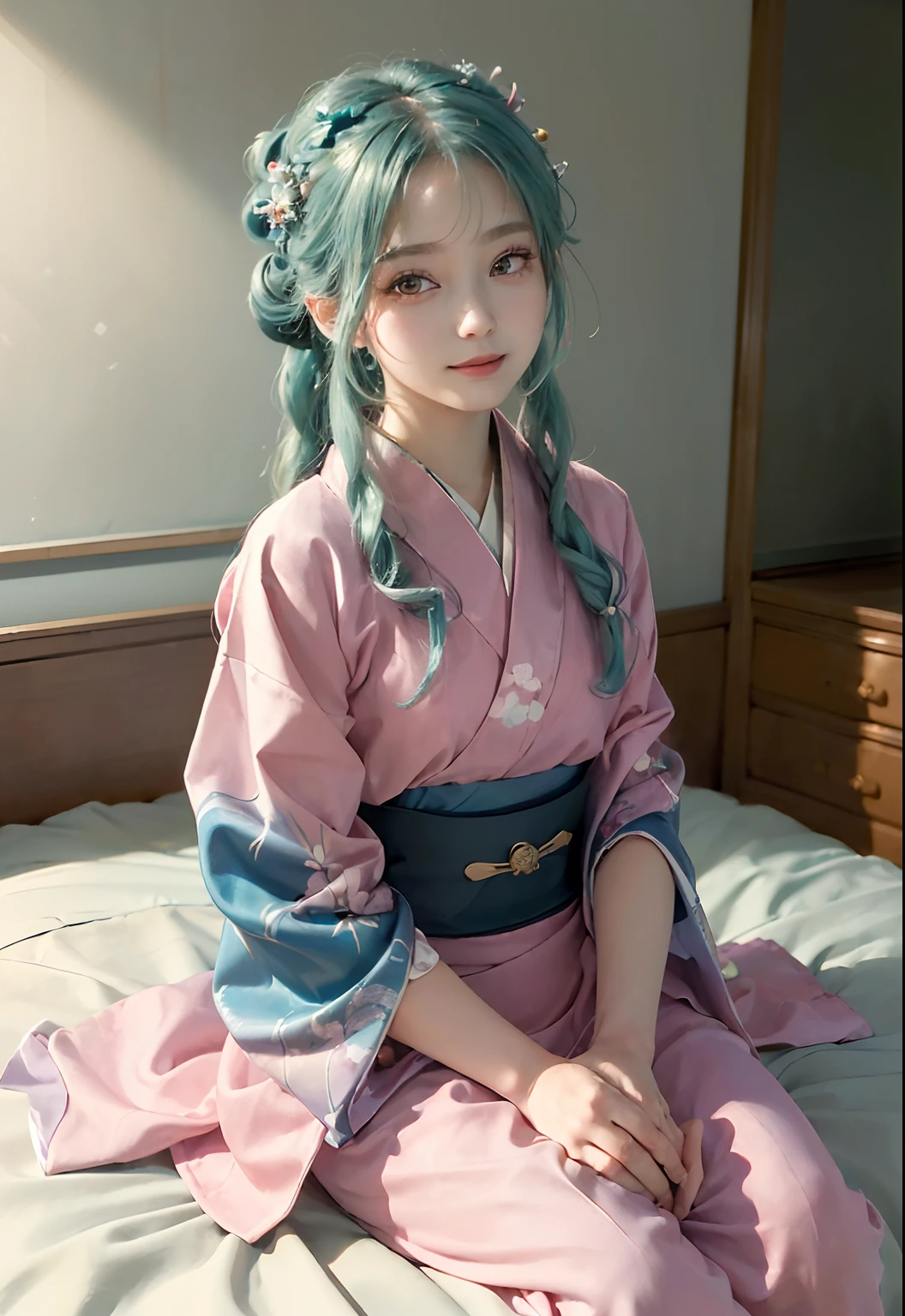 (masterpiece,best quality:1.5), ((looking at viewer:1.21)), (((indoor:1.33))), (((sittting on the bed:1.33))), smiling, 1girl, aqua hair, detached sleeves, hair ornament, japanese clothes, kimono, long hair, obi, pink kimono, sash, sitting, solo, twintails, wide sleeves, (((simple room:1.33))), (masterpiece,best quality:1.5)