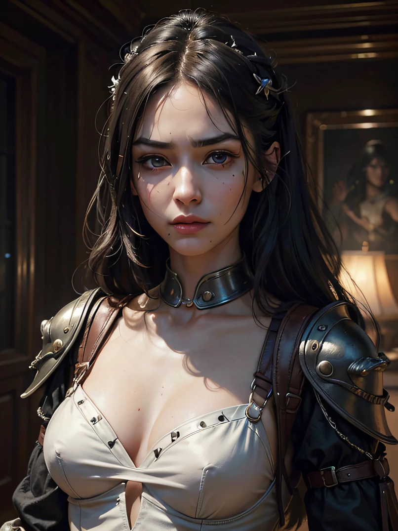 Top image quality、high-level image quality、超A high resolution、Top image quality、The ultra-detailliert、(realisitic、High Details、super detailing)、(​masterpiece、ultra maximalism、Maxism)、(Cinematographic lighting、Raw photo、foco nítido、Photorealsitic、realisitic)、face lights、High brightness、Portrait of an adult woman、Three-fifths shot、(A fitted、abdominals、Athletic:0.4)、(Grimace、Twisted、Distorted facial expressions、eyebrows very)、 (Themes of Orientalism)、 (Long face、Narrow face、Breakdown、Narrow Nose、thin mouth)、(beautiful countenance、A detailed face、beautidful eyes、A detailed eye、beatiful detailed eyes)、Detailed hand depiction、Medic in Medium Studded Leather Armor、Dynamic action