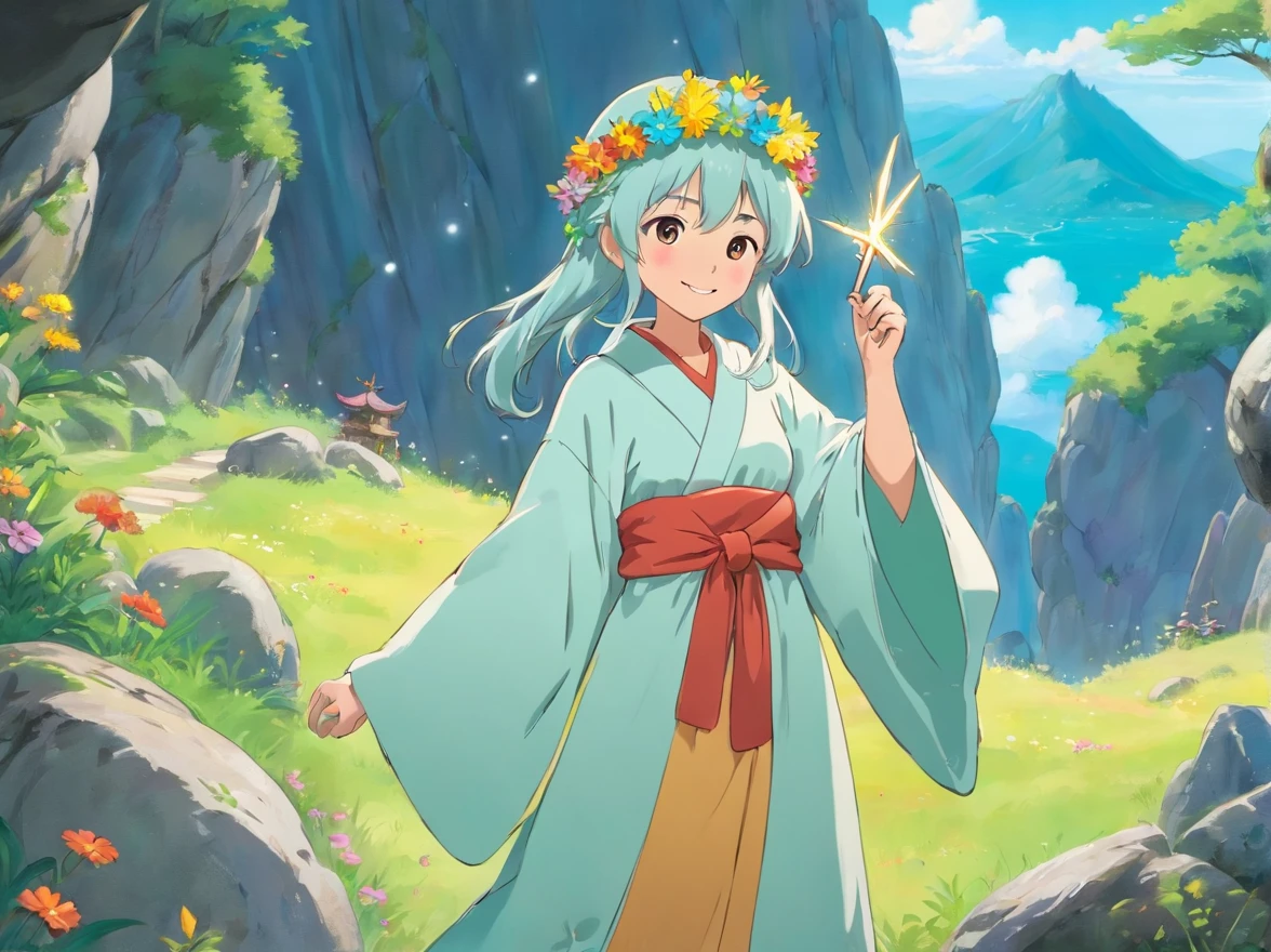 Wear beautiful robes，Wearing a flower crown on his head，With a smile on his face。The fairy with this magic wand in her hand talked cordially。They were standing on a huge boulder