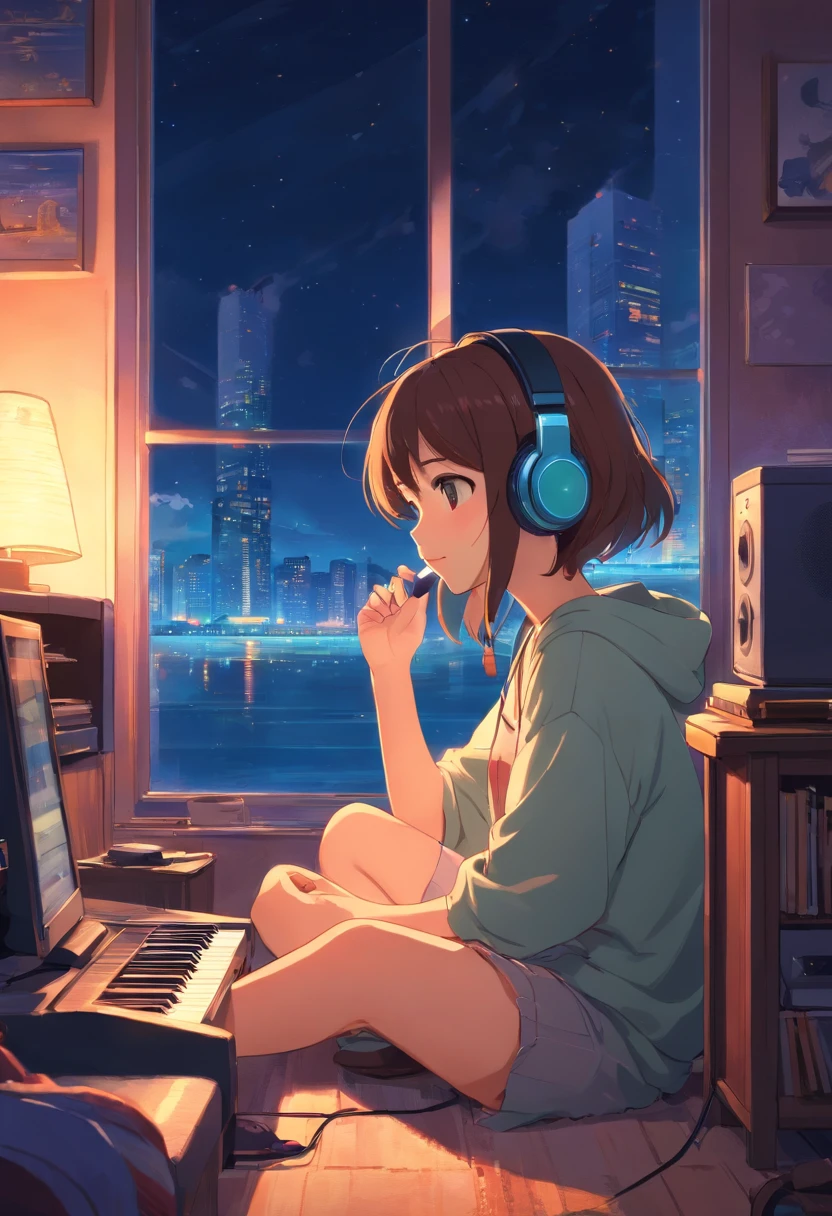 Girl listening to music in a cozy room at night, Usando fones de ouvido, Anime estilo 2D, Lo-fi, disco Rigido