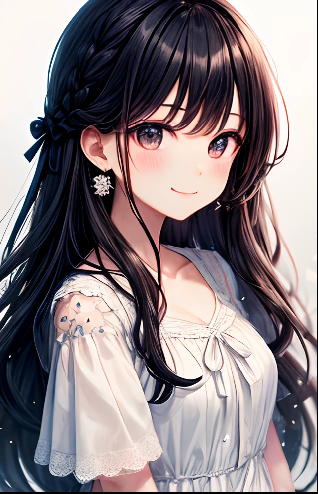 girl with、No background、without background、Background through、Black hair、A dark-haired、Black eyes、Black eyes、Flowers on the hair、Flowers bloom in the hair、The long-haired、Long、Braiding、bow ribbon、frilld、white dres、White dress、shortsleeves、summer clothing、Glitter、kirakira、Flower earrings、Flower piercing、A smile、kawaii、ren