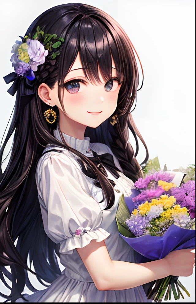 girl with、No background、without background、Background through、Black hair、A dark-haired、Black eyes、Black eyes、Flowers on the hair、Flowers bloom in the hair、The long-haired、Long、Braiding、bow ribbon、frilld、white dres、White dress、shortsleeves、summer clothing、Glitter、kirakira、Flower earrings、Flower piercing、A smile、kawaii、ren