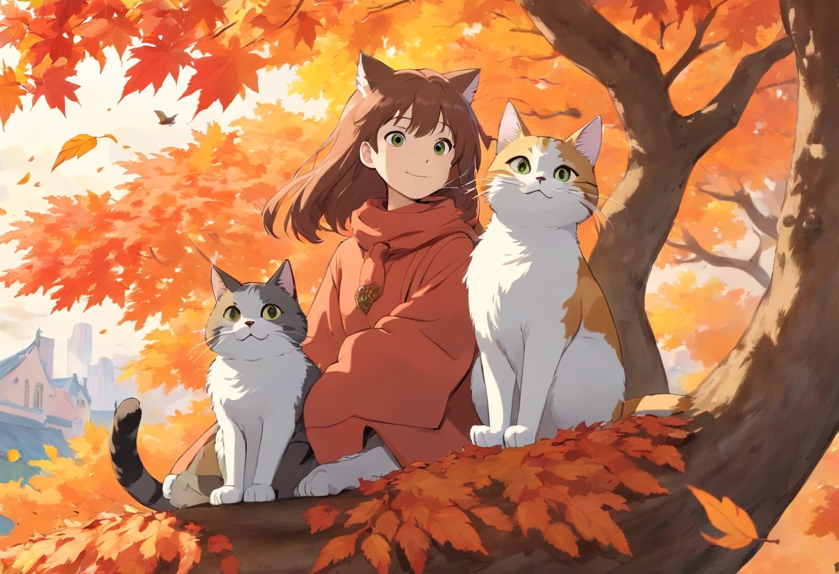 Fall season, maple trees, leafs in air, cat sitting and bird sitting on top of cat , they are friends, happy,