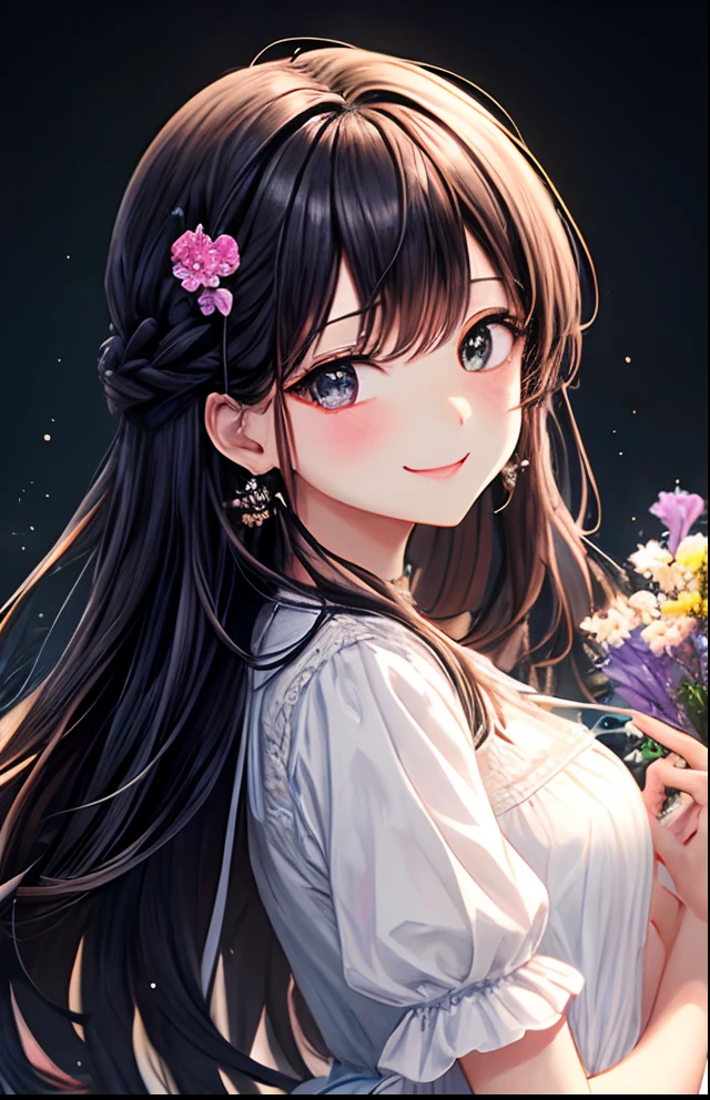 girl with、No background、without background、Background through、Black hair、A dark-haired、Black eyes、Black eyes、Flowers on the hair、Flowers bloom in the hair、The long-haired、Long、Braiding、bow ribbon、frilld、white dres、White dress、shortsleeves、summer clothing、Glitter、kirakira、Flower earrings、Flower piercing、A smile、kawaii、ren