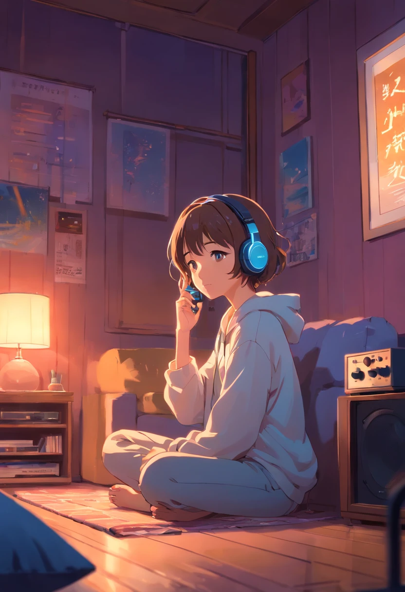 Girl listening to music in a cozy room at night, Usando fones de ouvido, Anime estilo 2D, Lo-fi, altamente detalhado, disco Rigido