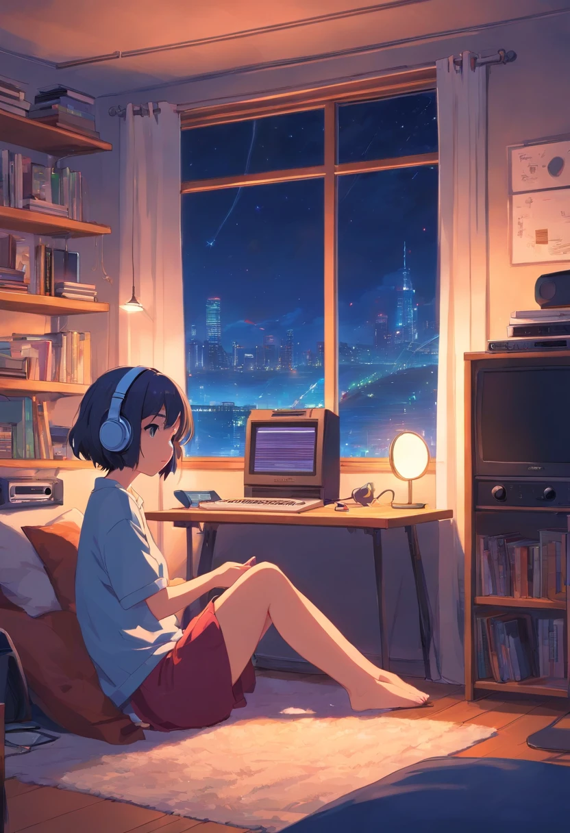 Girl listening to music in a cozy room at night, Usando fones de ouvido, Anime estilo 2D, Lo-fi, altamente detalhado, disco Rigido