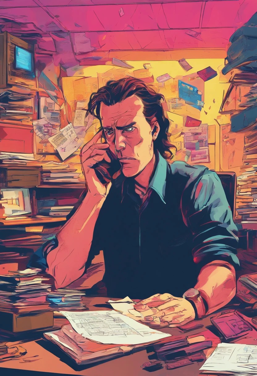 accounting student,frustrated,loosing mind,overwhelmed,office scene,piles of paperwork,stressful environment,chaotic desk,computer,number crunching,calculator,books,pen,paper,coffee mug,exhausted,disheveled appearance,desperation,failure,deadline pressure,mental breakdown,emotional distress,distraught expression,tears,rage,anxiety attack,heavy workload,messy hair,sweat,stiff posture,energy drink,frustration (1.1),burnout,never-ending tasks,alarming mistakes,impossible balance,concentration difficulty,overthinking,mismatched socks,dark circles under eyes,heavy sigh,(best quality,4k,8k,highres,masterpiece:1.2),ultra-detailed,(realistic,photorealistic,photo-realistic:1.37),dark tones,harsh lighting,aesthetic stress,monotone color palette,intense shadows