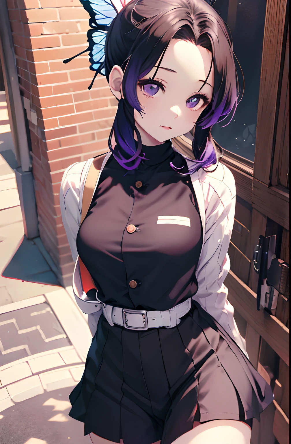 masutepiece, Best Quality, hight resolution, 1girl in, 独奏, kochou shinobu, Decorate your hair with butterflies, violet eyes, Multi-colored hair, Short hair, Parted bangs, Short shorts, open one's legs, Skirt, Turtleneck Top, outside of house, Erotica, Body line, Black pants